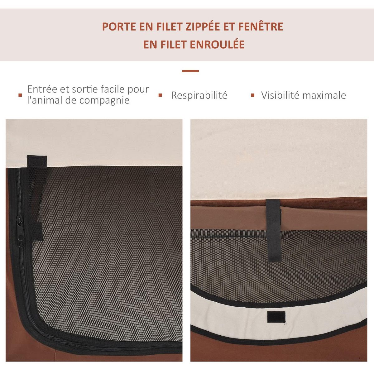 PAWHUT Sac de transport pour chien et chat pliable - poignée, entrée zippée, fenêtres maillées enroulables- coussin inclus - acier oxford marron beige
