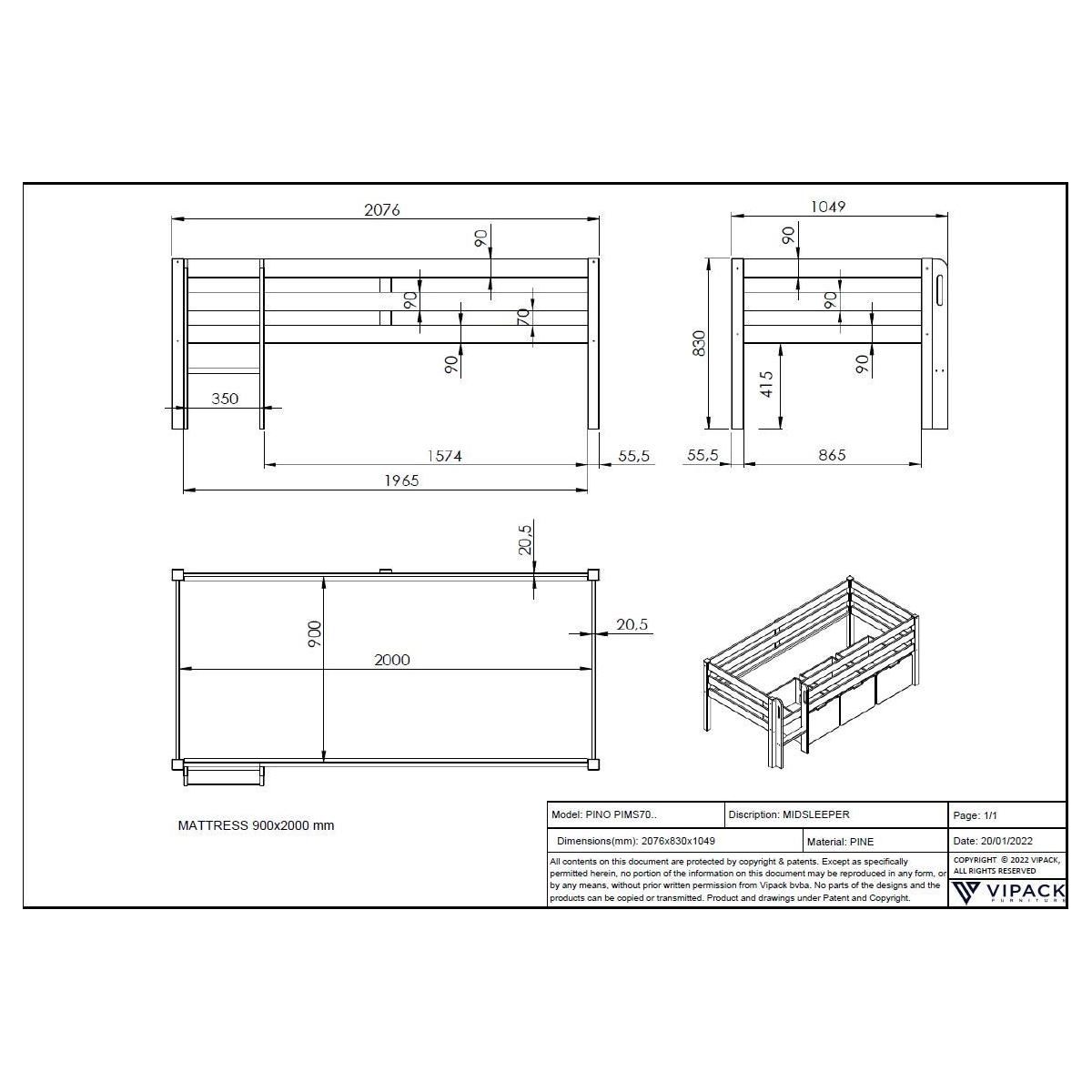 Paris Prix Pack - Lit Enfant Surélevé & 3 Tiroirs  Pino  90x200cm Blanc