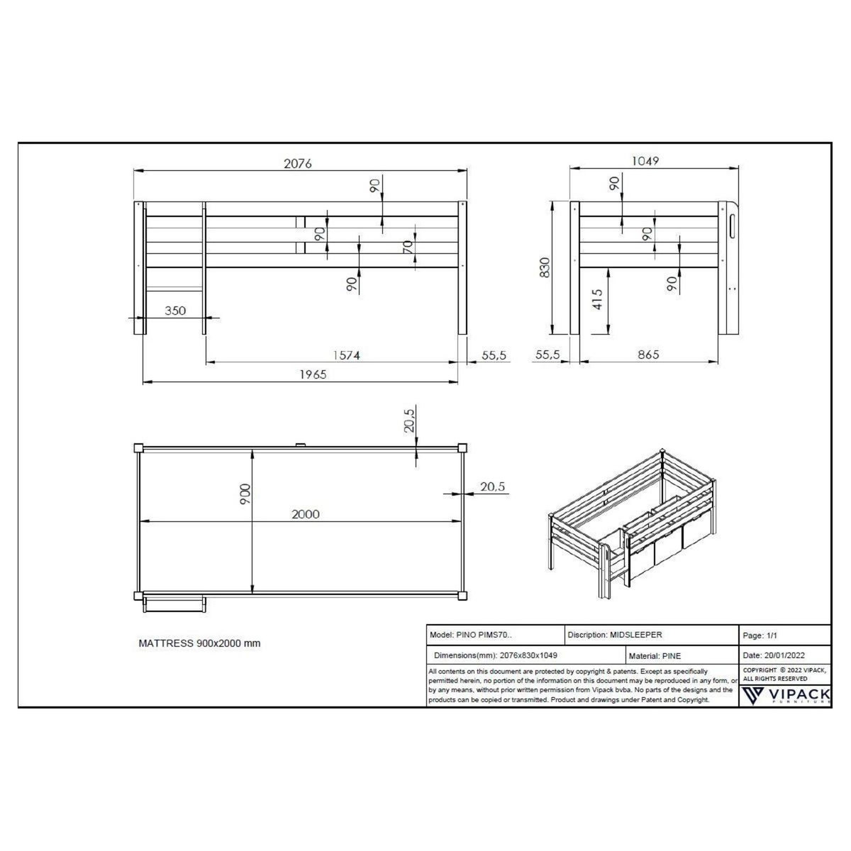 Paris Prix Pack - Lit Enfant Surélevé & 3 Tiroirs  Pino  90x200cm Blanc