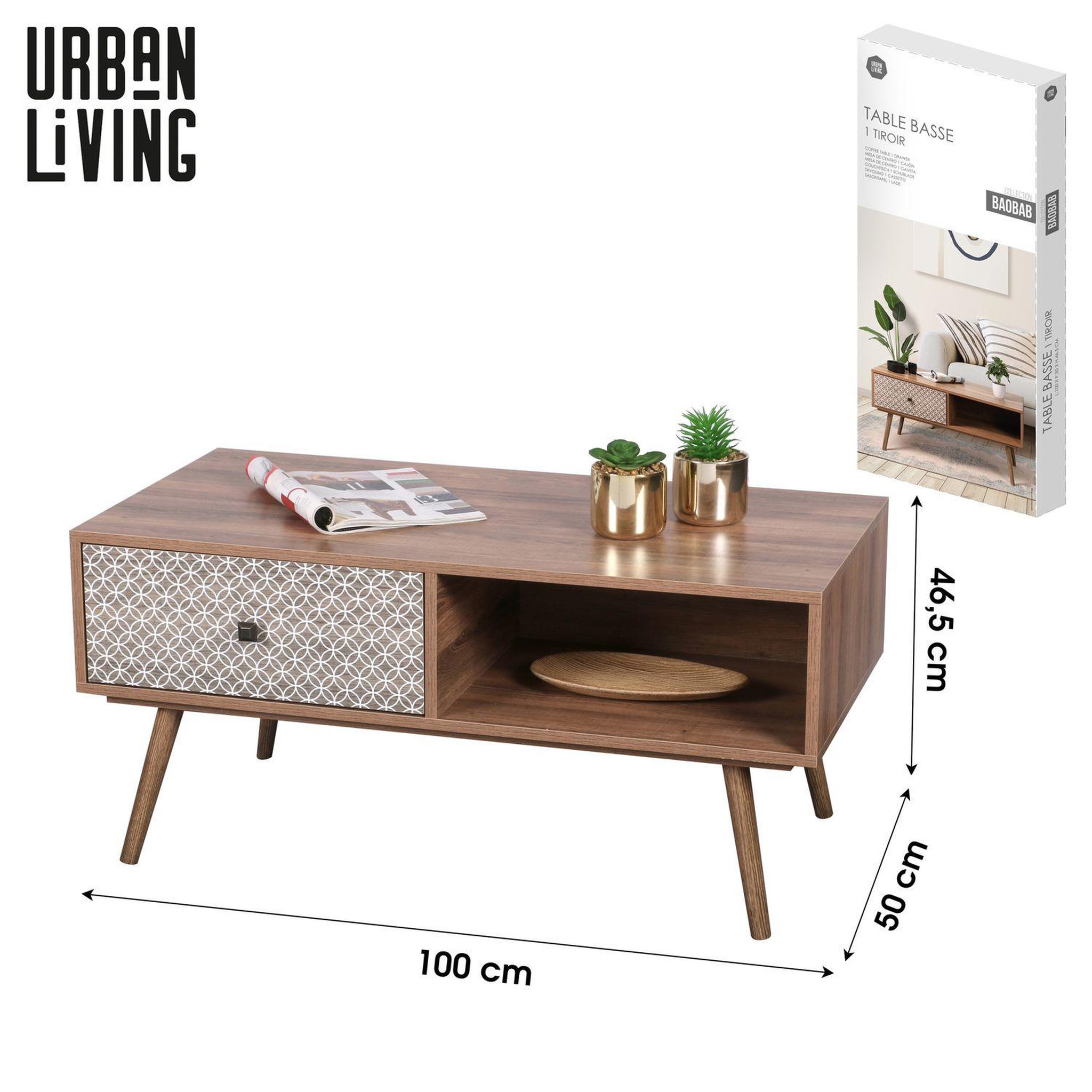 Voir la diapositive 4 : TOILINUX Table basse baobab en mdf 1 tiroirs et 1 niche ouverte - l.100 cm x h.45,5 cm - marron