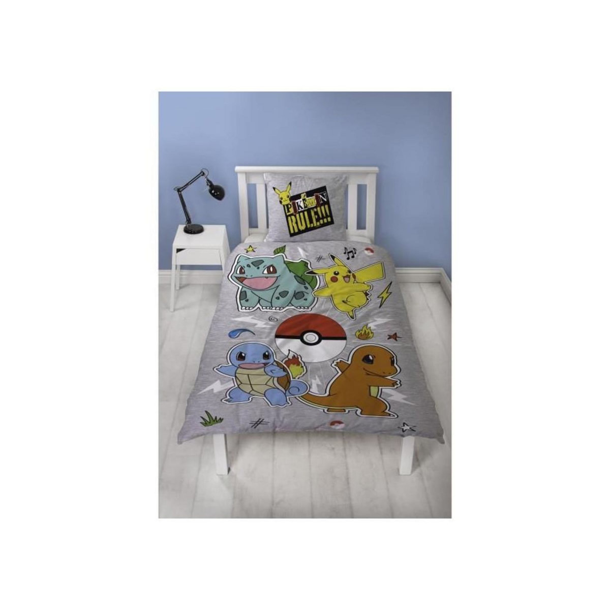 Pokemon Parure de lit réversible - POKEMON - Pikachu et Starter - Gris - Microfibre - 1 housse de couette 140 x 200 cm + 1 taie 63 x 63