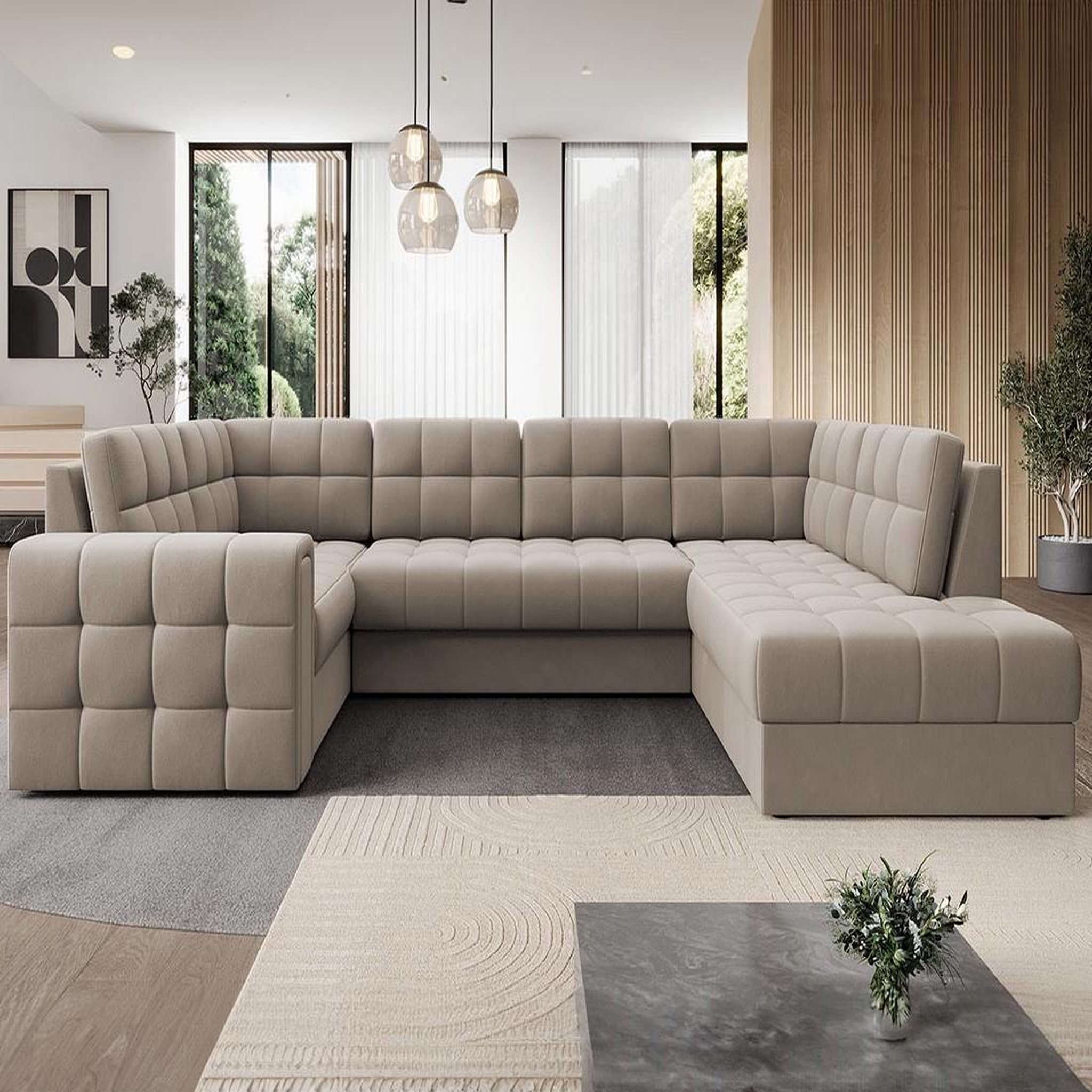 Voir la diapositive 4 : BEST MOBILIER Nappa - canapé panoramique d'angle gauche 7 places convertible avec coffre en velours