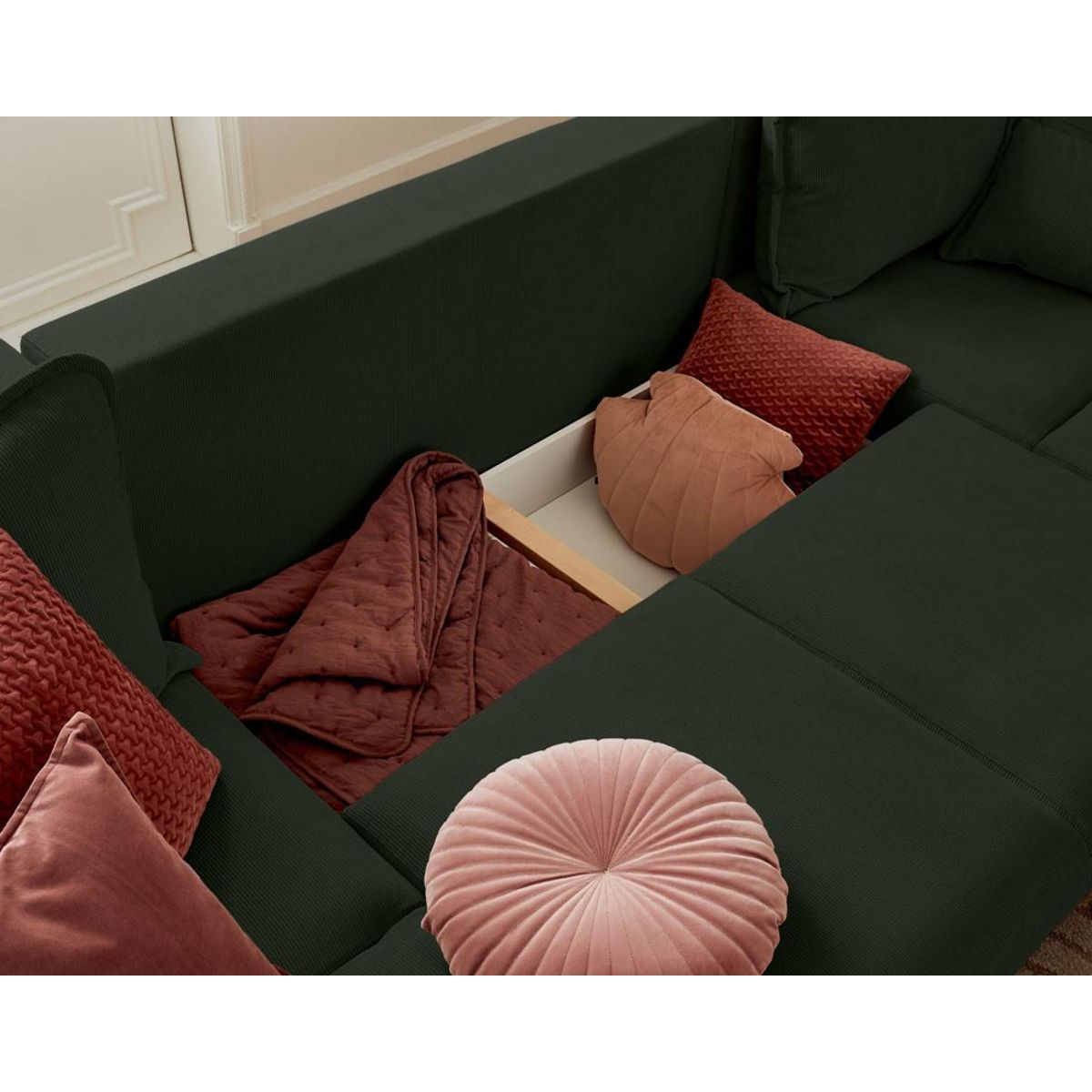 LISA DESIGN Albane - canapé panoramique en u - 7 places - convertible avec coffre - en velours côtelé