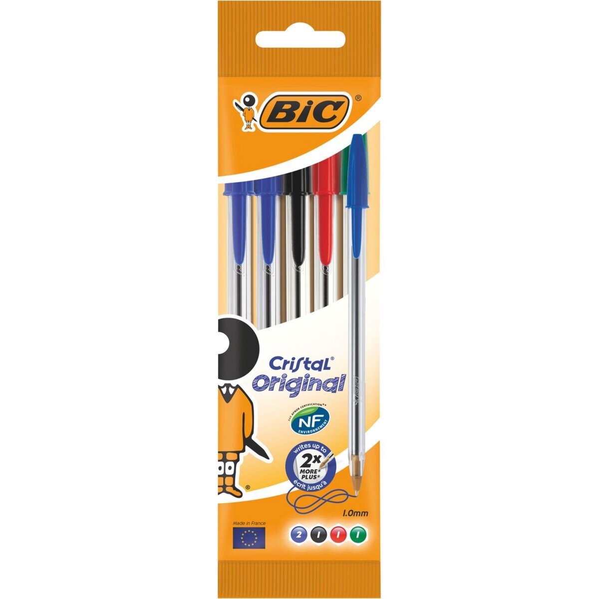 BIC Lot de 5 stylos bille pointe moyenne bleu/noir/rouge/vert CRISTAL ORIGINAL 