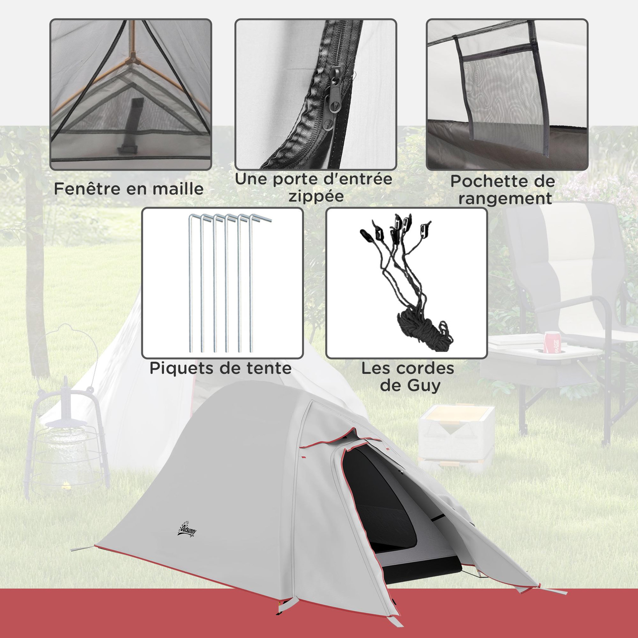 Voir la diapositive 6 : OUTSUNNY Tente de camping 1-2 pers. double toit étanche 2000 mm sac de transport gris