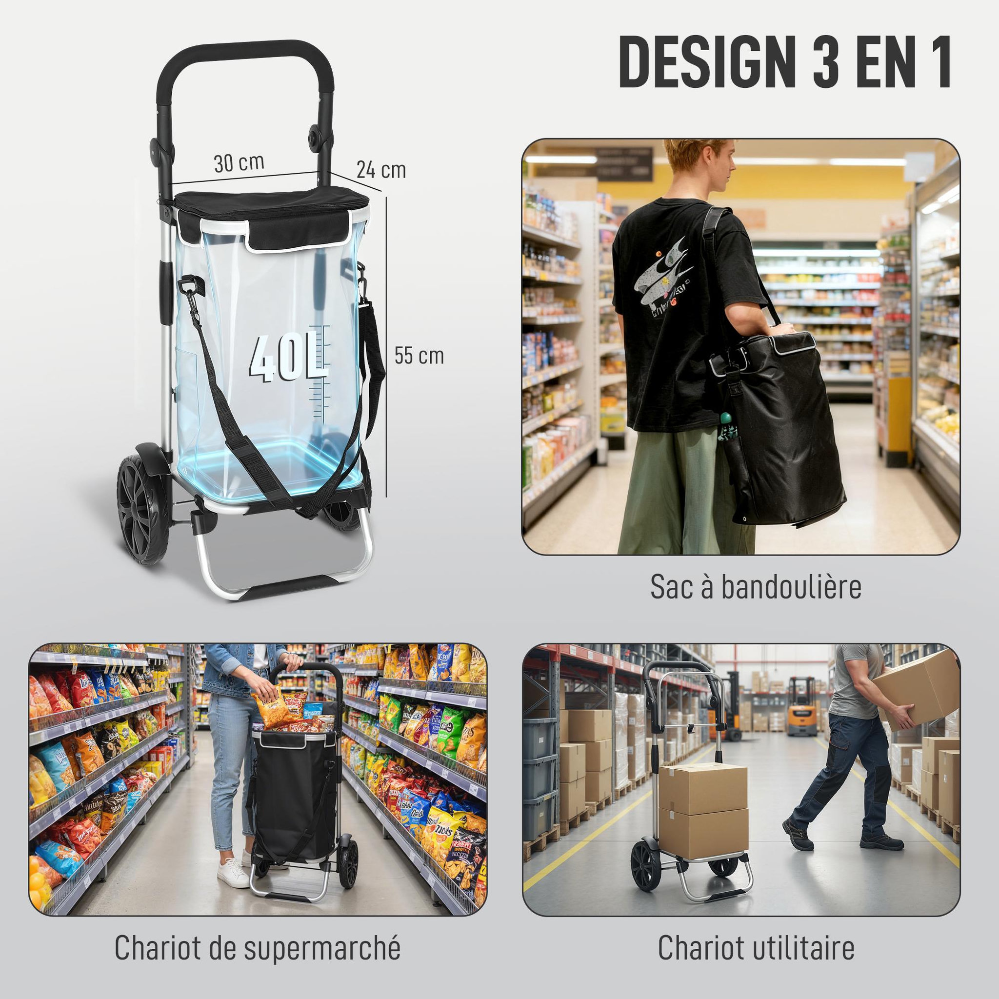 Voir la diapositive 4 : HOMCOM Chariot de courses pliable 3 en 1 sac à bandoulière 40l chariot transport poignée réglable compartiment isotherme alu noir