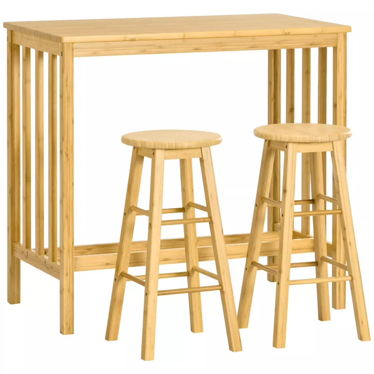 HOMCOM Ensemble table de bar 2 tabourets avec repose-pieds bois de bambou verni