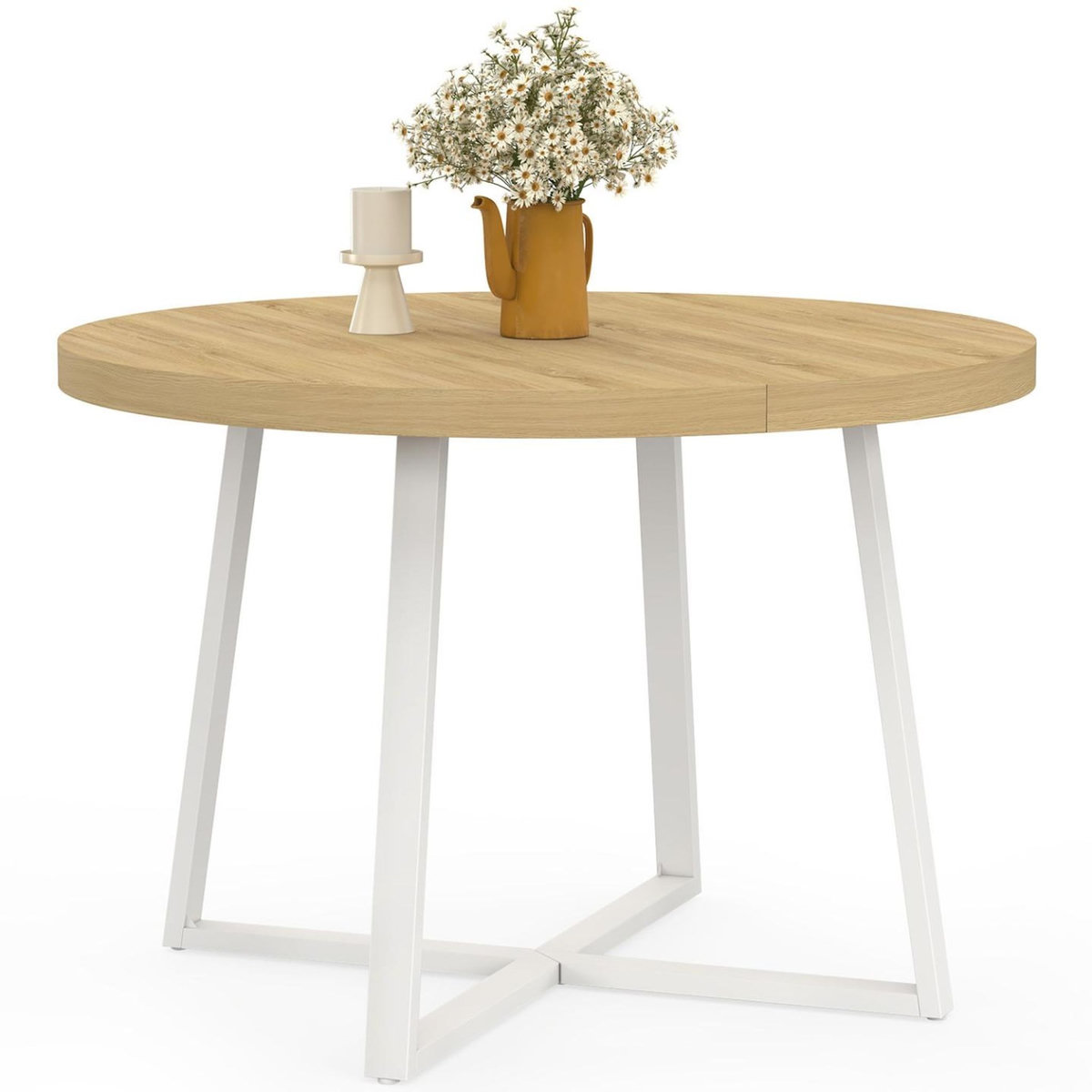 ID MARKET Table à manger extensible ronde SELMA 4-10 personnes bois et blanc 110-200 cm