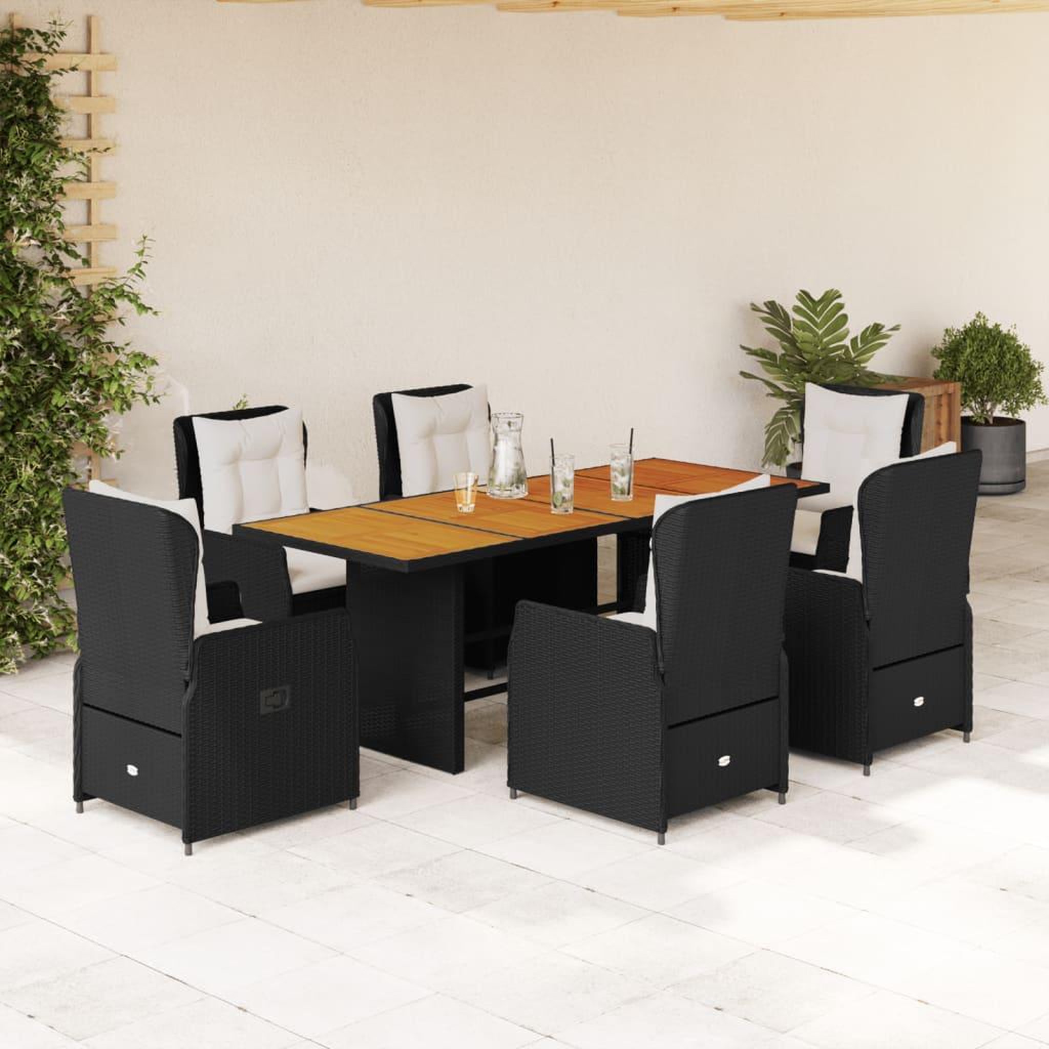 VIDAXL Ensemble a manger de jardin coussins 7pcs Noir Resine tressee