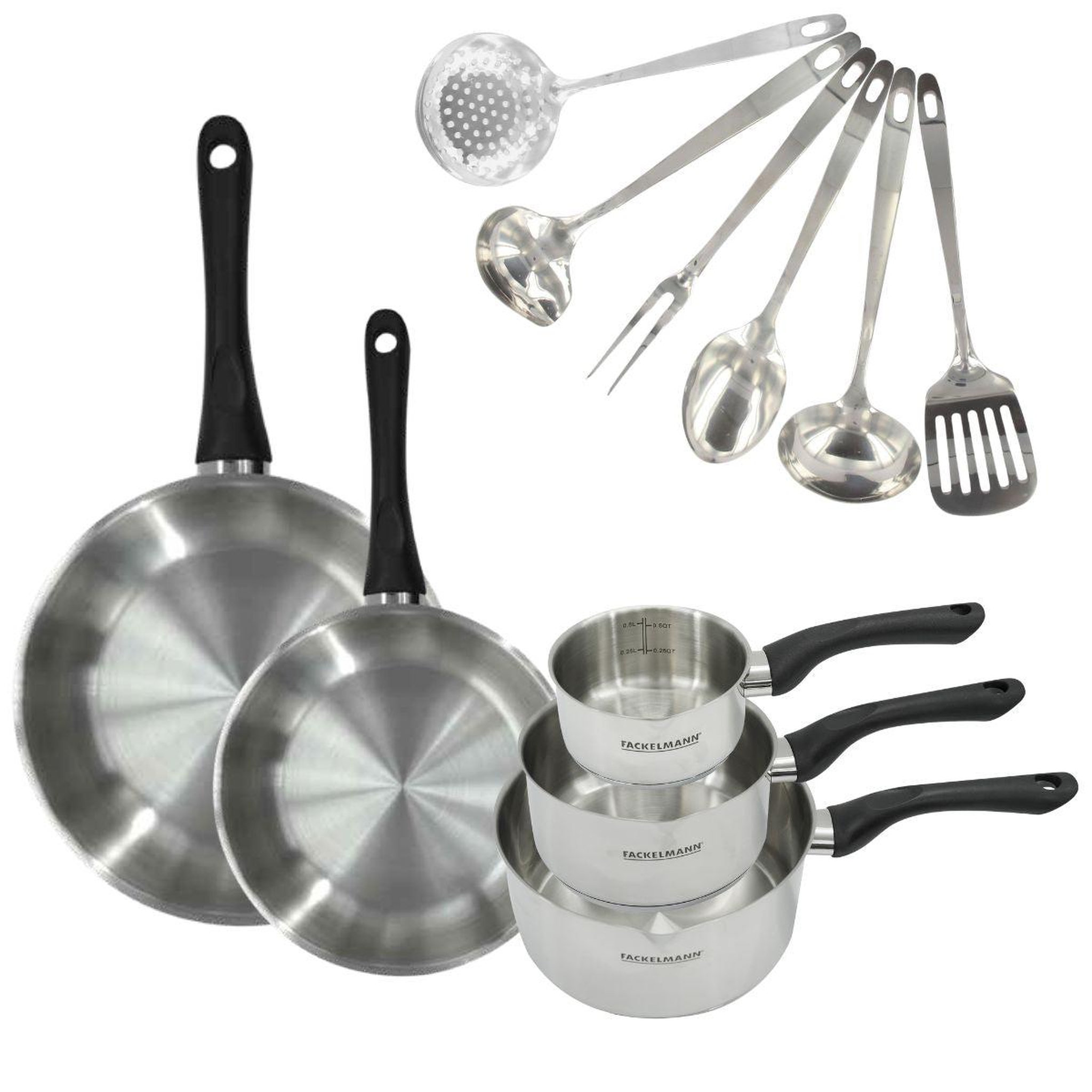 Fackelmann Set 2 poêles 24 et 28 cm, 3 casseroles en inox et 6 ustensiles inox fackelmann geneva