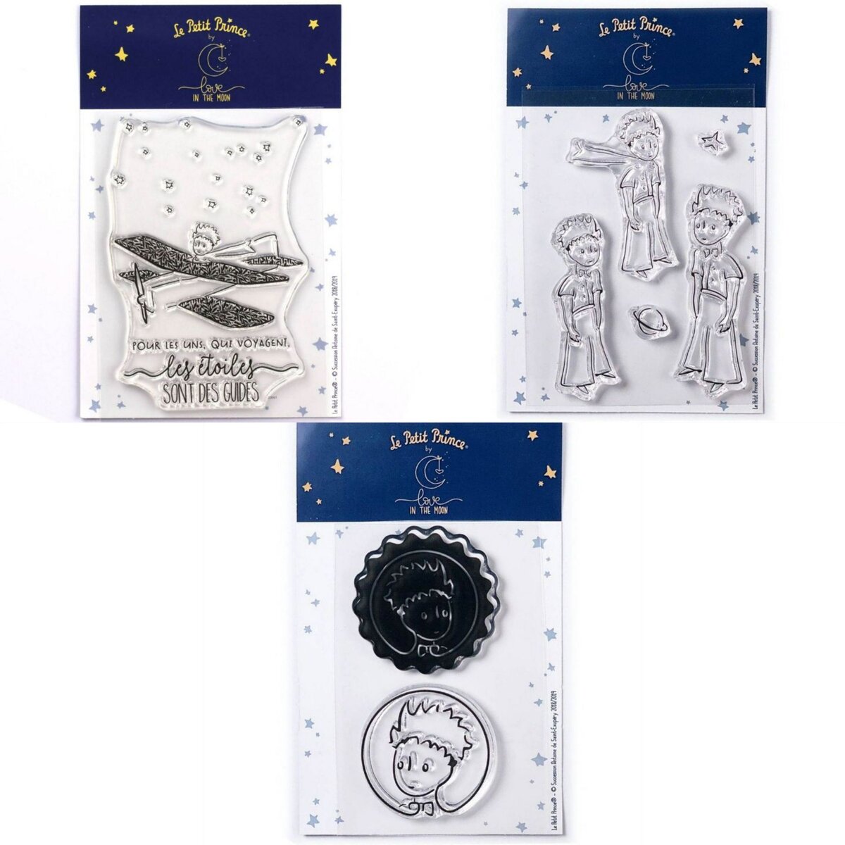  8 Tampons transparents Le Petit Prince dans son avion + Etoiles + Portraits