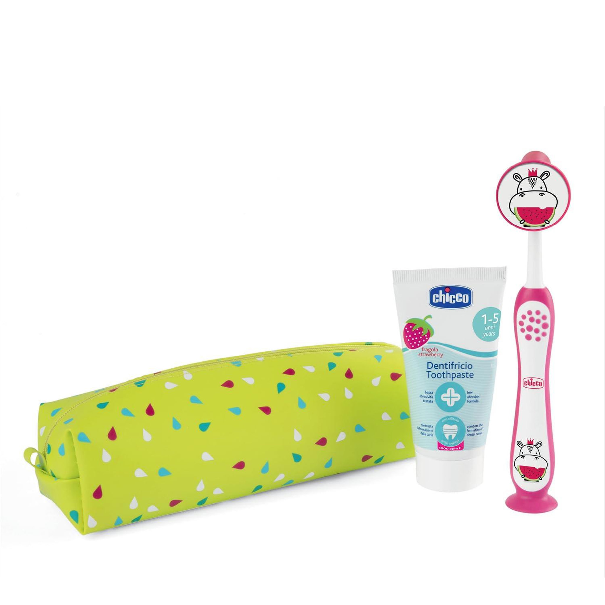 CHICCO Chicco set dentaire 3-6 ans rose - brosse à dents à poils souples et dentifrice goût fraise avec étui de voyage