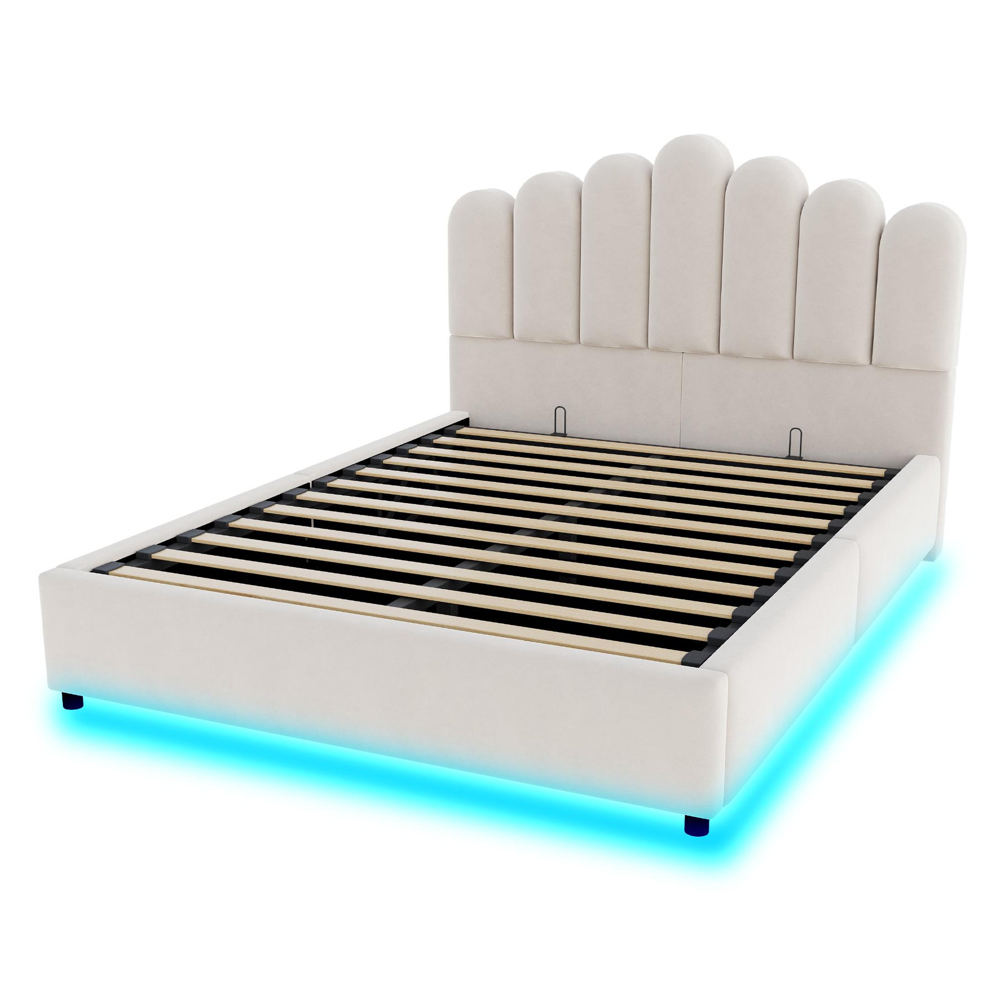Voir la diapositive 6 : MERAX Lit coffre velours avec led, tête de lit capitonnée et sommier à lattes