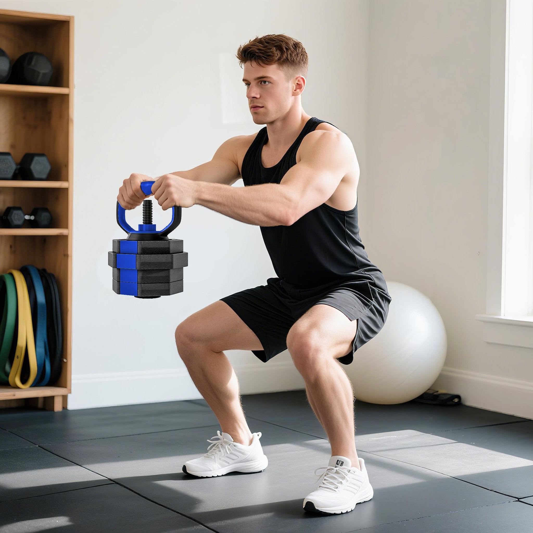 Voir la diapositive 4 : HOMCOM Ensemble d'haltères musculation multifonction 4 en 1 - haltères, kettlebell, push-up support, olympic barre - total 20kg - pvc bleu noir