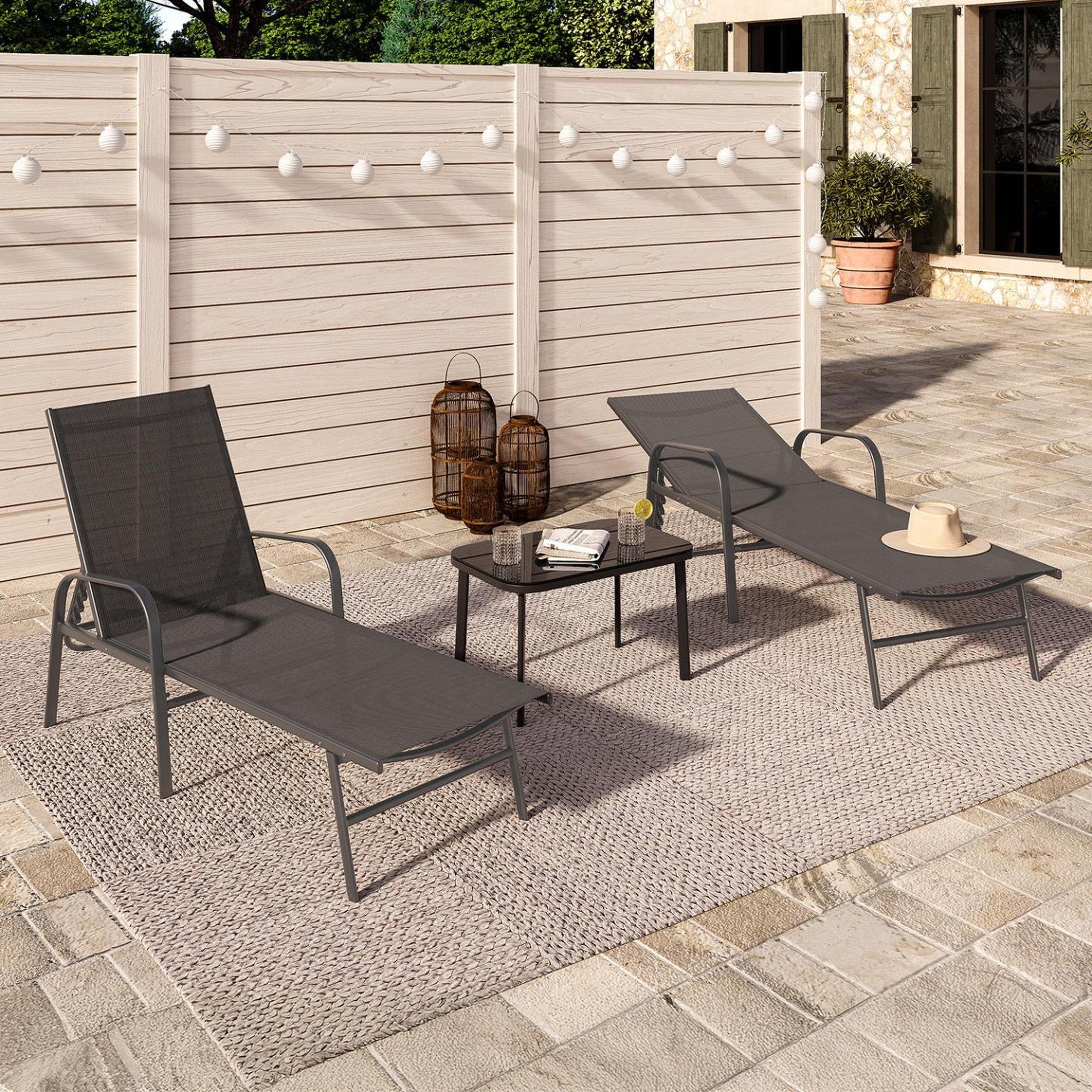 Voir la diapositive 2 : ID MARKET Lot de 2 transats de jardin inclinables fidji en acier gris anthracite et toile grise