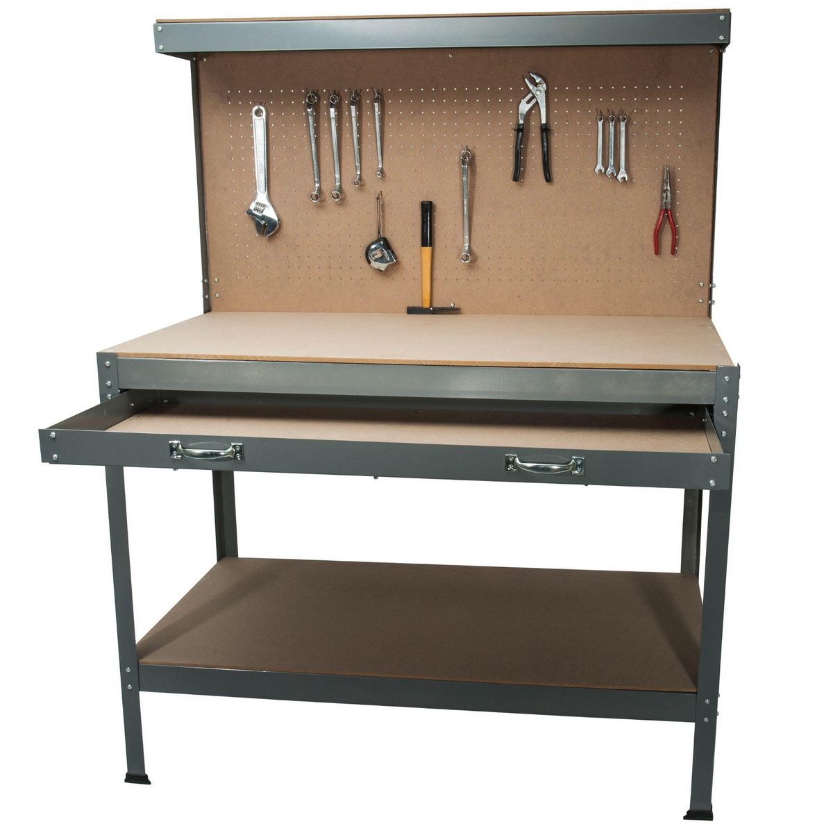 WERKAPRO Établi en métal avec étagères, tiroir et panneau WERKA PRO