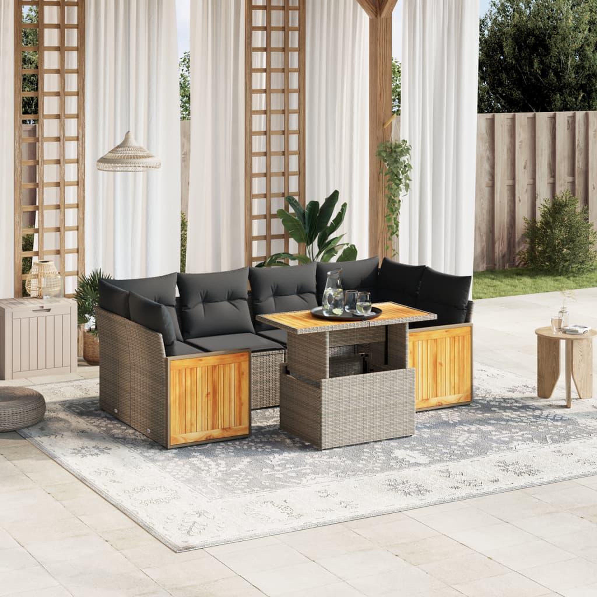 VIDAXL Salon de jardin avec coussins 7 pcs gris resine tressee