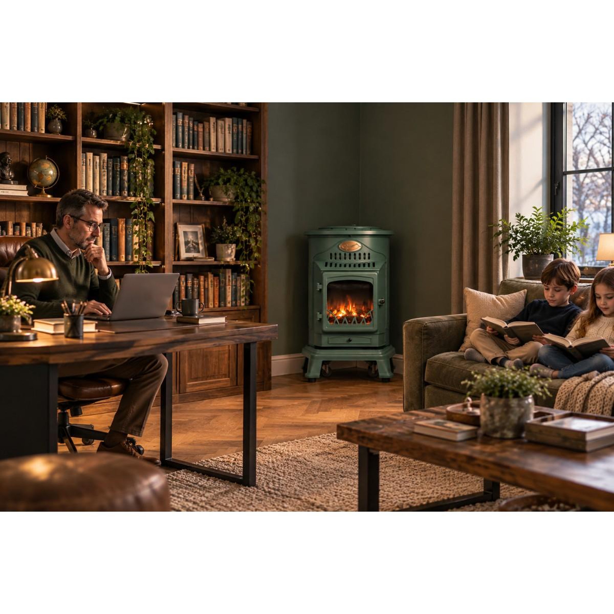 Voir la diapositive 3 : UNIVERSAL Poêle à gaz fonte véritable 3.4kw vert chauffage à gaz effet feu de bois provence sahara