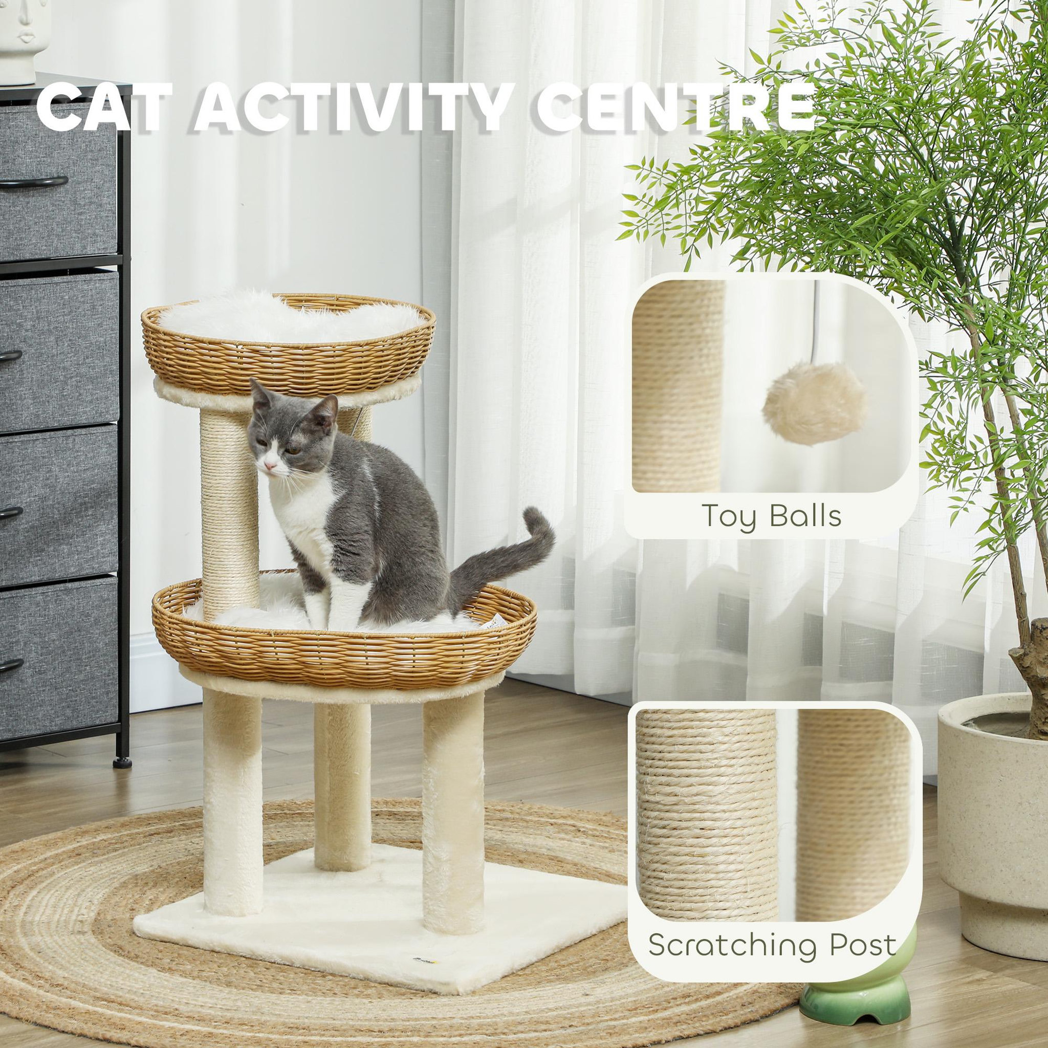 Voir la diapositive 5 : PAWHUT Arbre à chat style bohème aspect rotin tressé - griffoirs, 2 paniers coussins effet fourrure, balle suspendue - beige