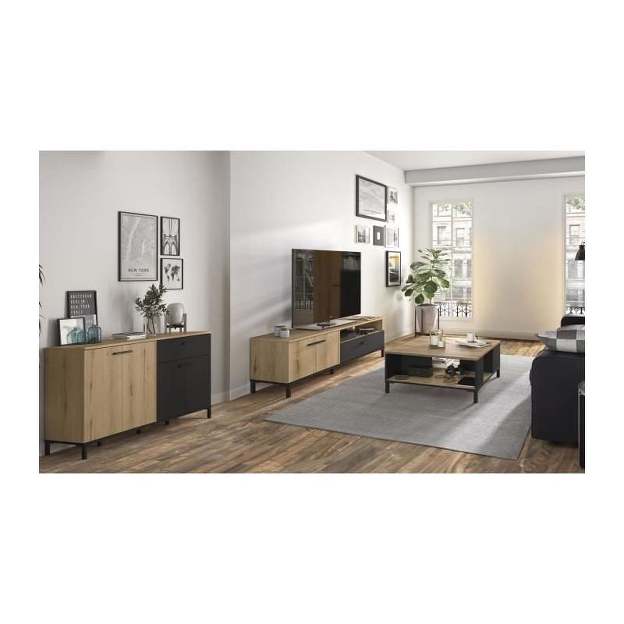 GAMI Ensemble meuble TV, table basse et buffet bas - TRUST - Chene / Noir - GAMI