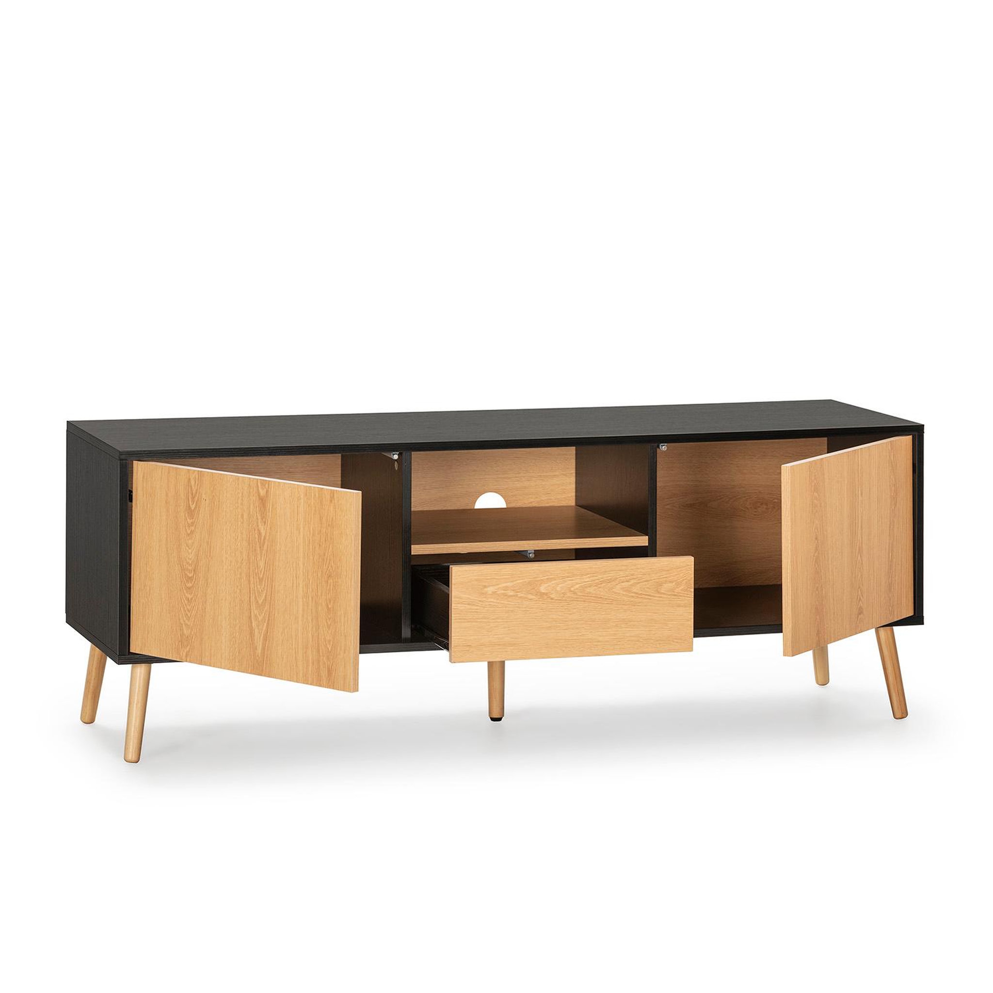 Voir la diapositive 3 : VS VENTA-STOCK Meuble TV Apolo 1 porte 2 tiroirs, couleur noir/bois