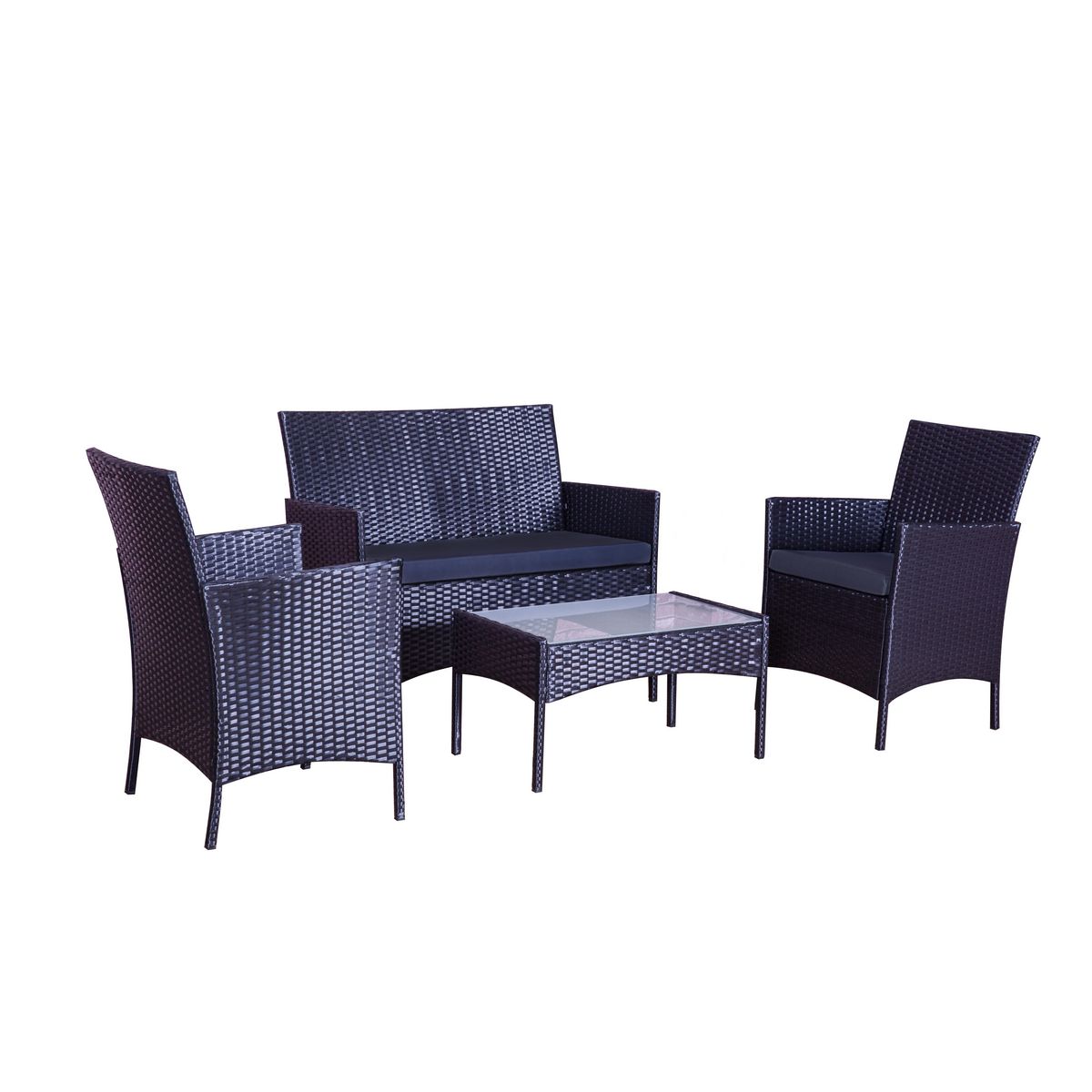 CONCEPT USINE Salon de jardin 4 places en résine tressée Noir et coussins noirs MYKONOS