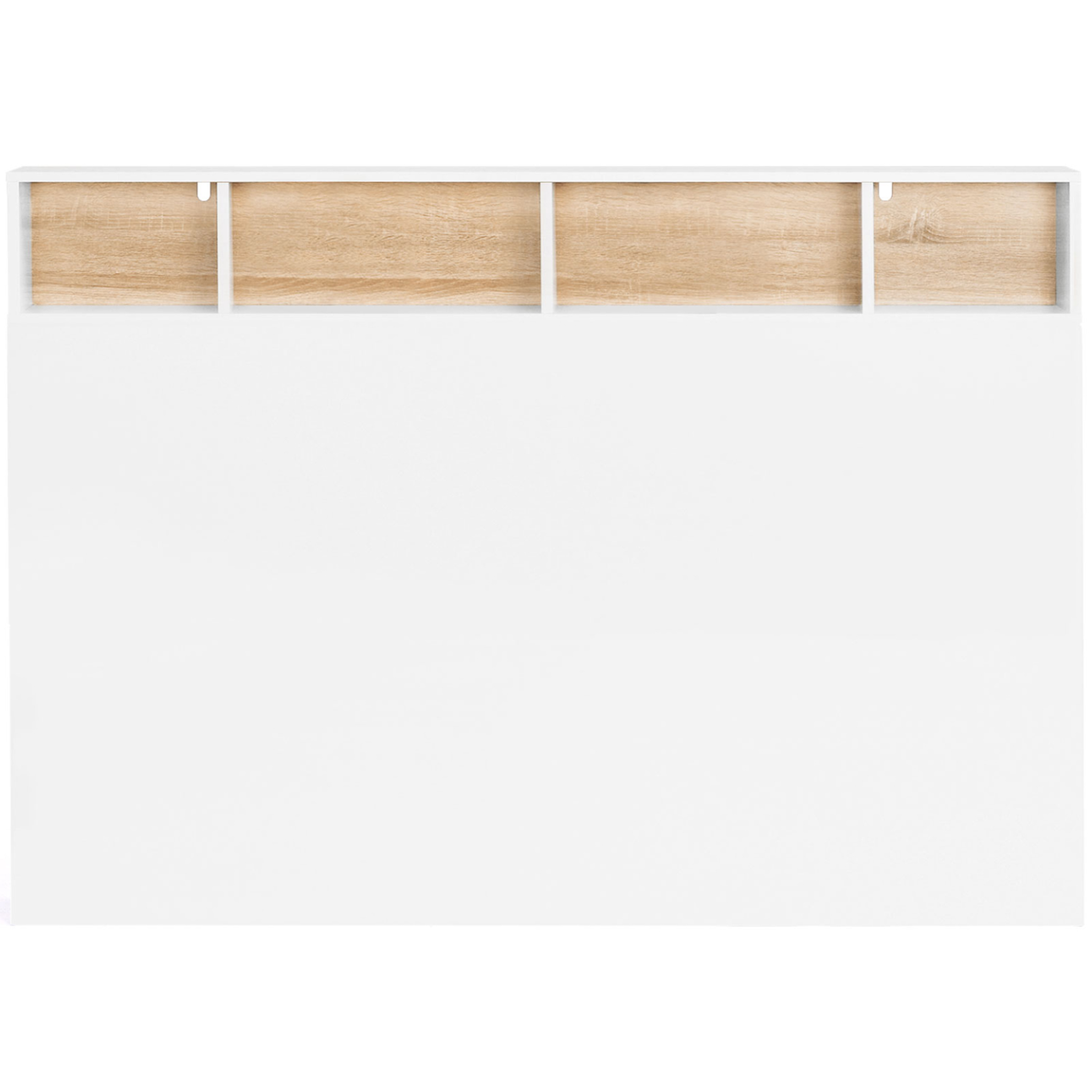 Voir la diapositive 3 : ID MARKET Tête de lit sur pied cleo 165 cm avec rangements fermés et niches blanc et façon hêtre