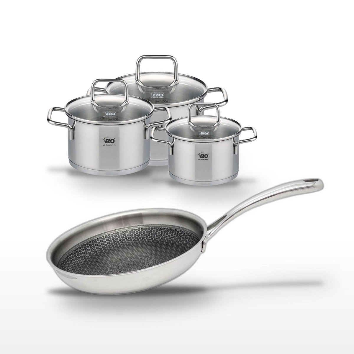 ELO Lot Poêle 28cm Elo Relief Evolution & 3 Faitouts 12/14/16cm