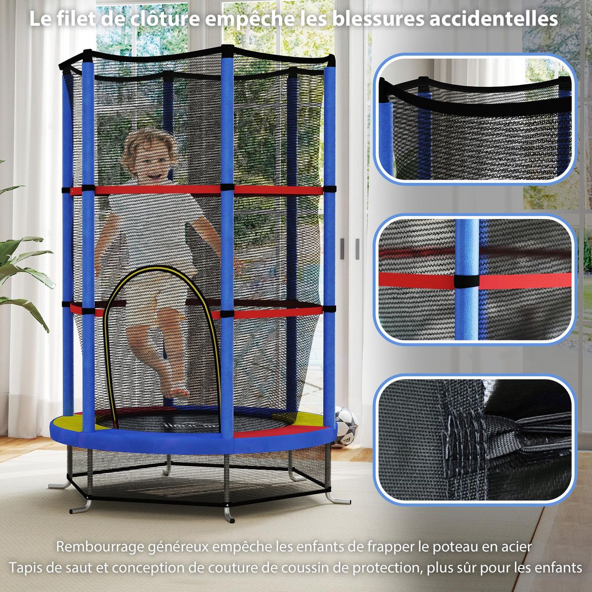HOMCOM Trampoline enfant Ø140 cm max. 45 Kg - filet sécurité, porte zippée, 6 poteaux rembourrés - multicolore