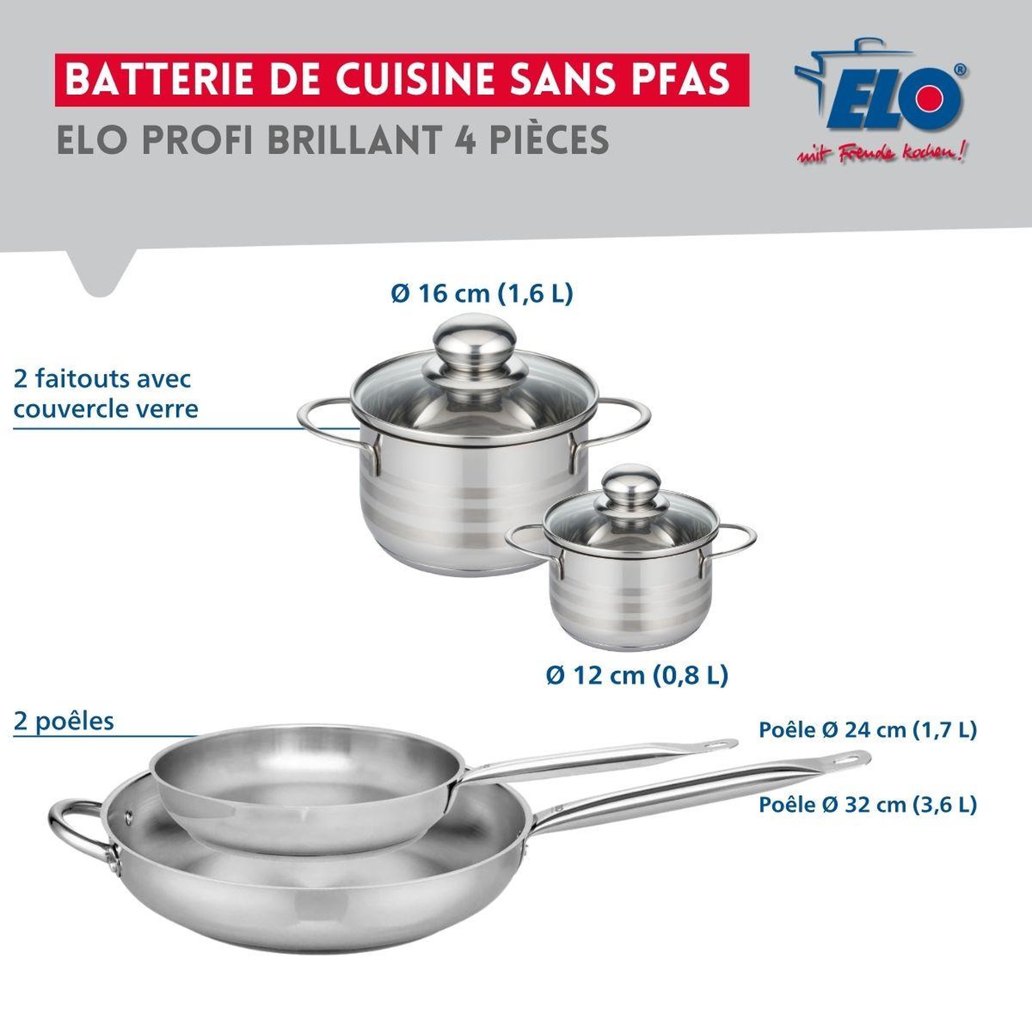 Voir la diapositive 2 : ELO Ensemble de 2 poêles de cuisson 24 et 32 cm et 2 faitouts 12 et 16 cm elo profi brillant