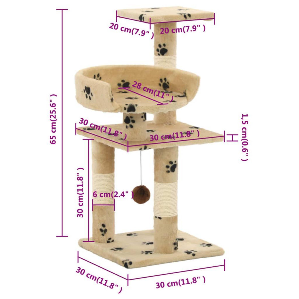 VIDAXL Arbre a chat et griffoirs en sisal 65 cm Beige Motif de pattes
