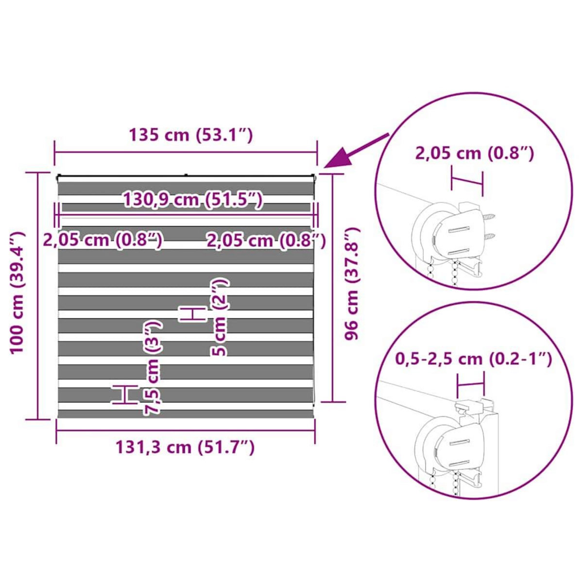 VIDAXL Store zebre gris fonce largeur du tissu 130,9 cm polyester