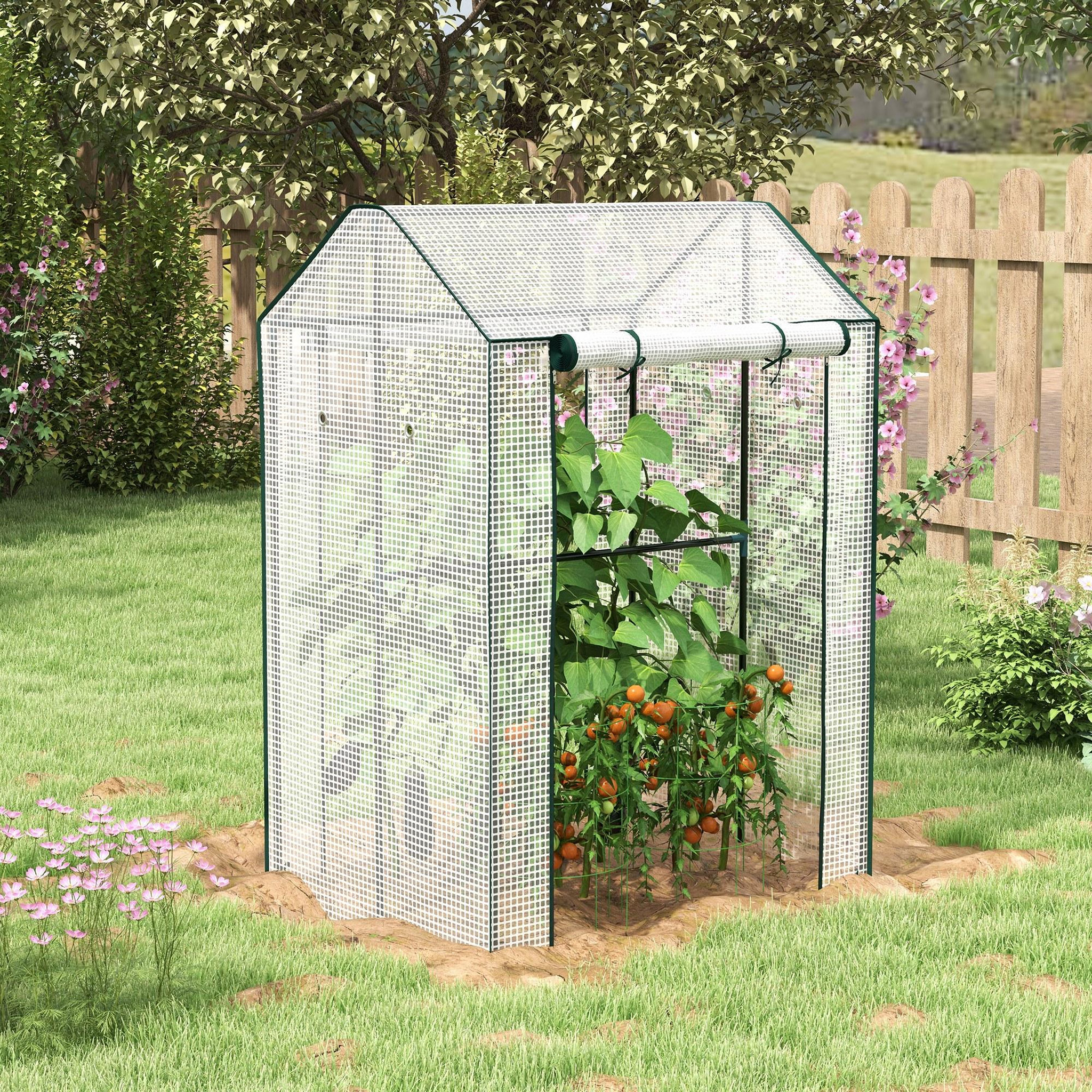 Voir la diapositive 2 : OUTSUNNY Serre de jardin 0,8 m² - 2 espaces, 2 portes enroulables - acier pe transparent