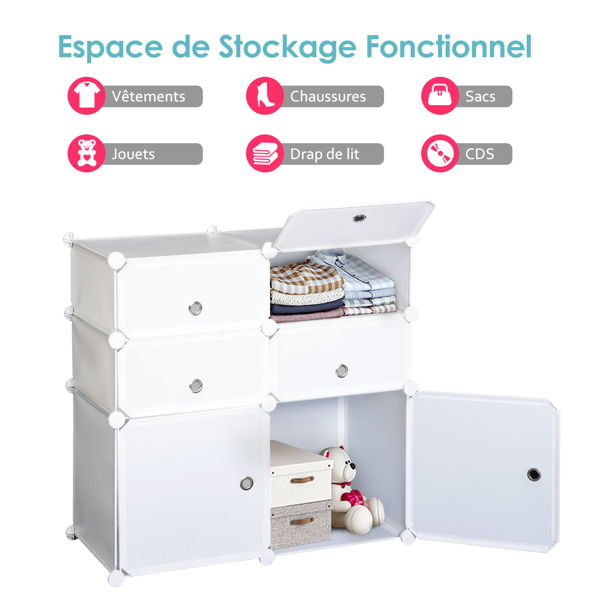 Voir la diapositive 4 : HOMCOM Armoire étagère à chaussures 3 niveaux 6 compartiments plastique + autocollants décoratifs 75L x 37l x 73H cm blanc