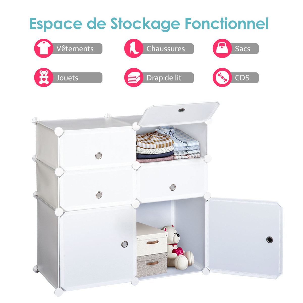 HOMCOM Armoire étagère à chaussures 3 niveaux 6 compartiments plastique + autocollants décoratifs 75L x 37l x 73H cm blanc