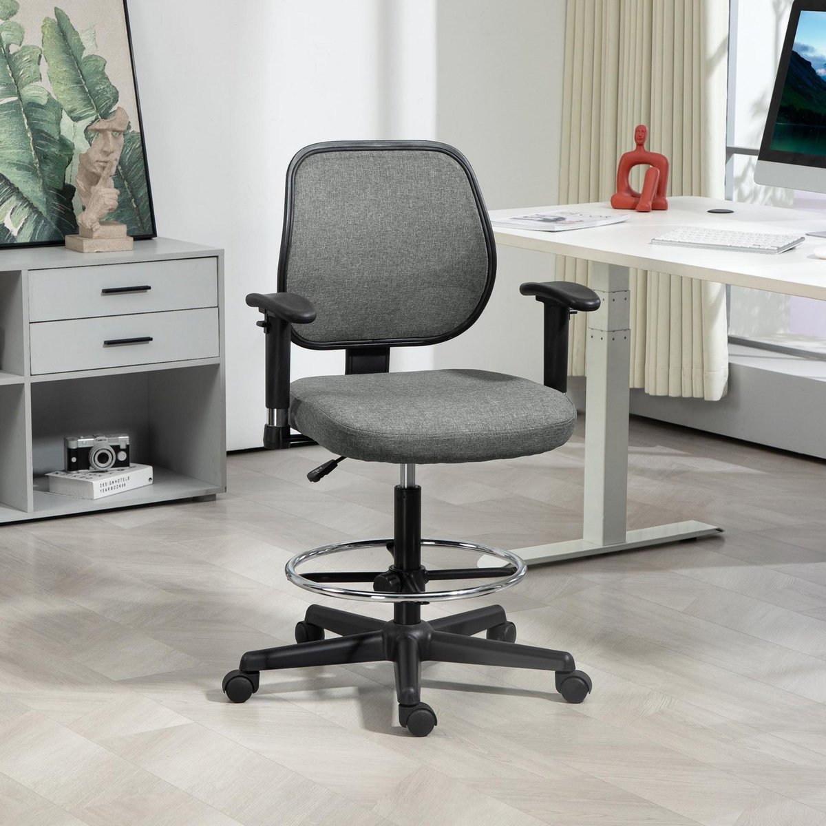 VINSETTO Chaise de bureau assise haute réglable accoudoirs réglables pivotante 360° tissu gris chiné