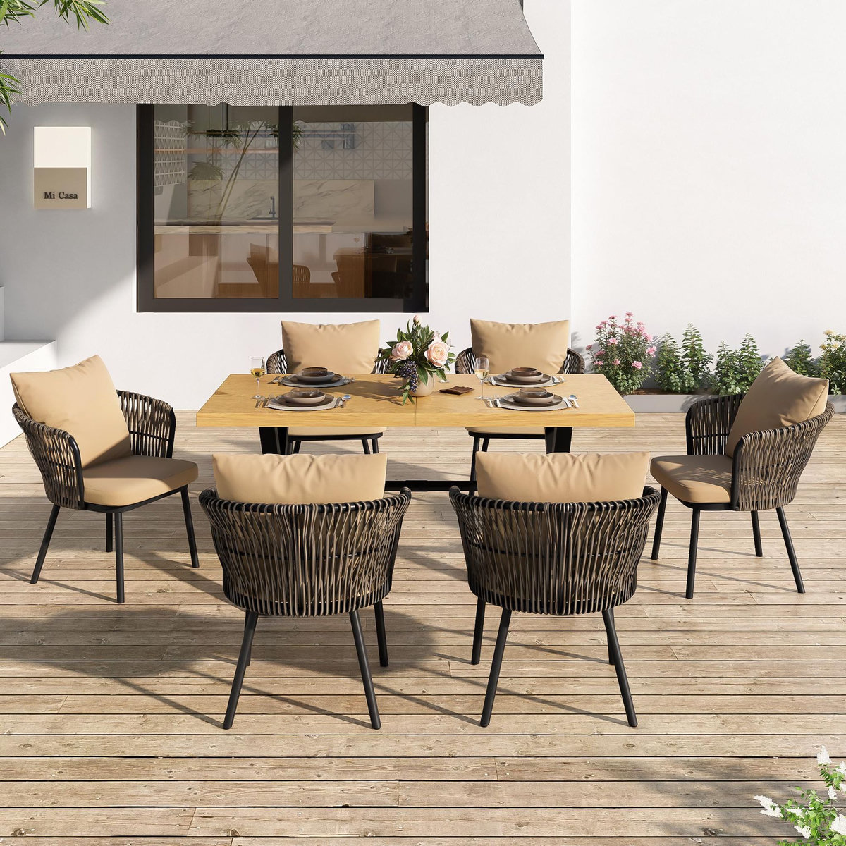 MERAX Salon de jardin 6 places avec table et chaises en rotin, bois noir