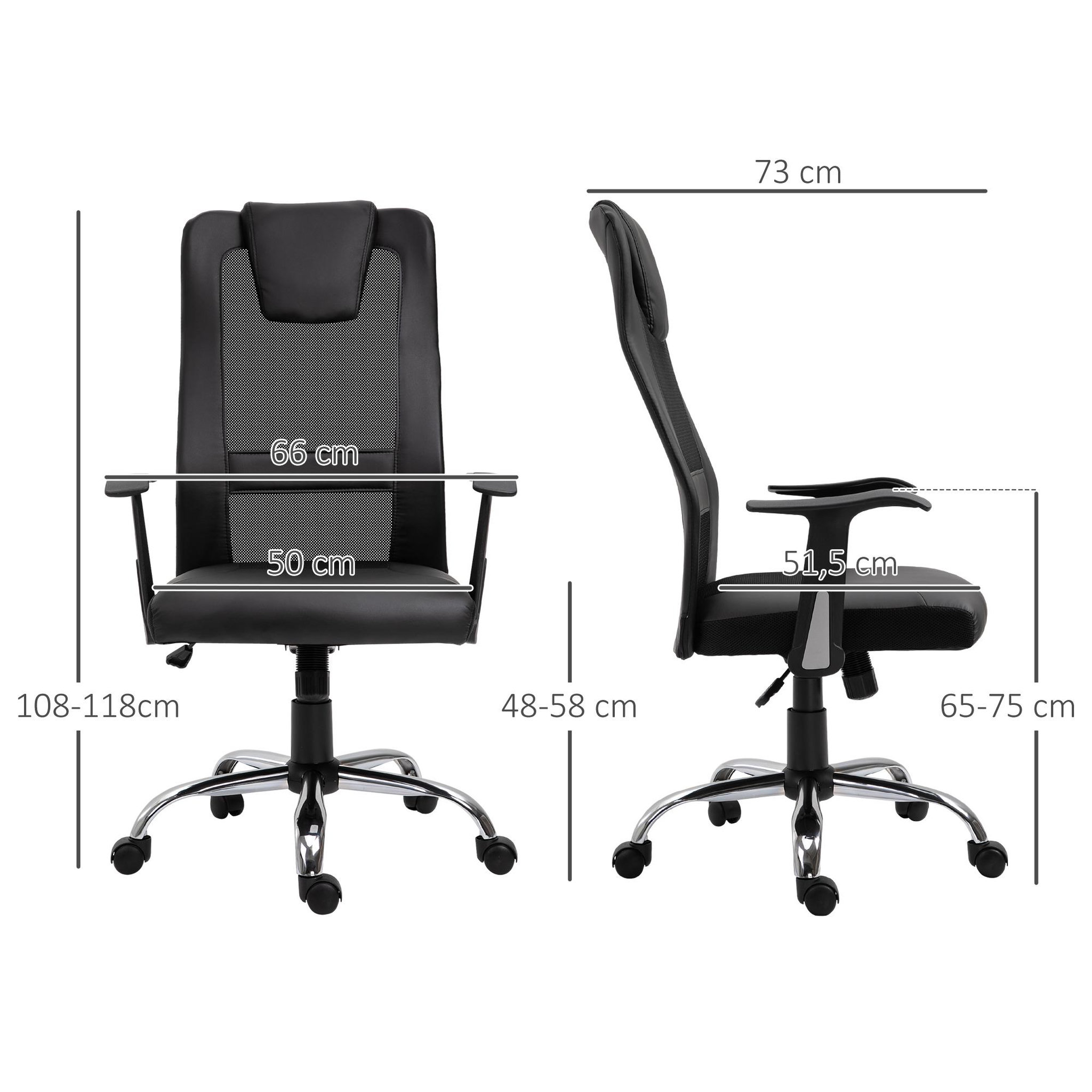 Voir la diapositive 3 : HOMCOM Fauteuil de bureau ergonomique hauteur assise réglable pivotant 360° revêtement synthétique et maille noir