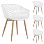 IDIMEX Lot de 4 chaises MADEIRA pour salle à manger ou cuisine au design retro avec accoudoirs, coque plastique blanc et 4 pieds décor bois
