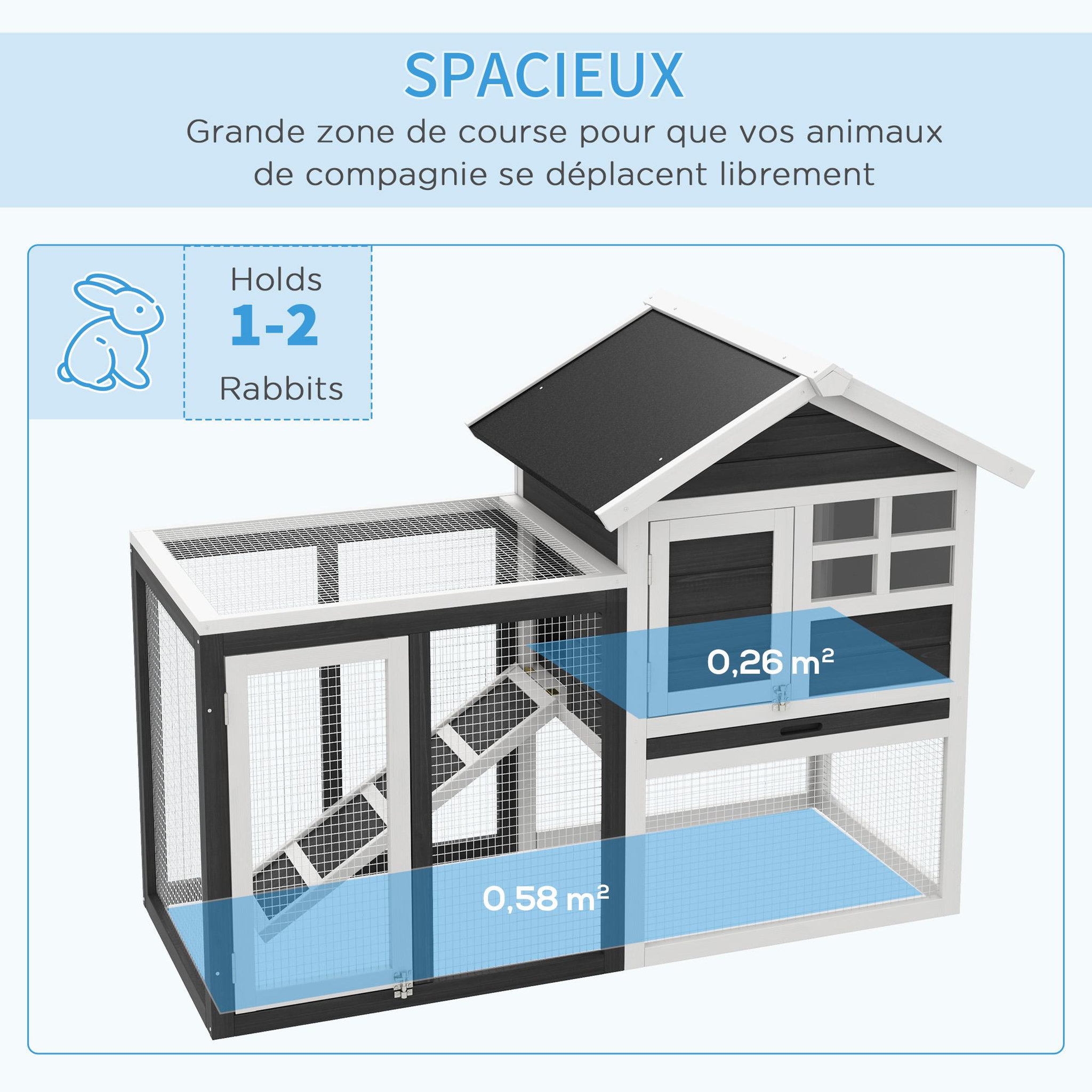 Voir la diapositive 4 : PAWHUT Clapier cage à lapins multi-équipé : niche supérieure avec rampe, plateau excrément, fenêtre + enclos  extérieur sécurisé 2 portes 122l x 63l x 92h cm gris