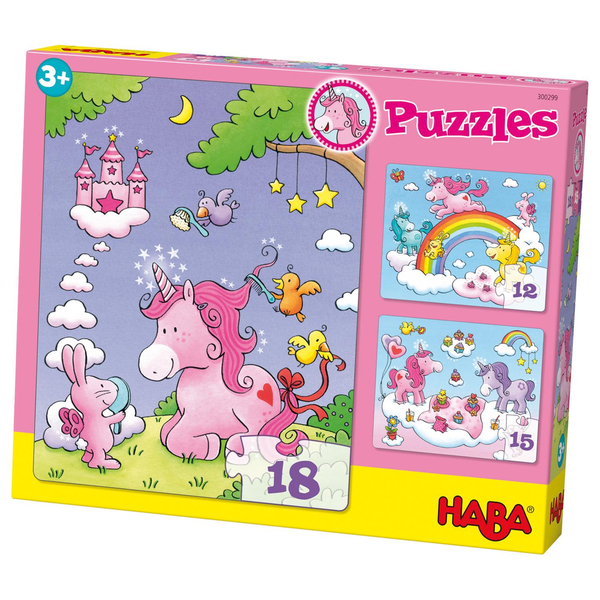 Voir la diapositive 3 : Haba Puzzles de 12 à 18 pièces : 3 puzzles : licornes dans les nuages
