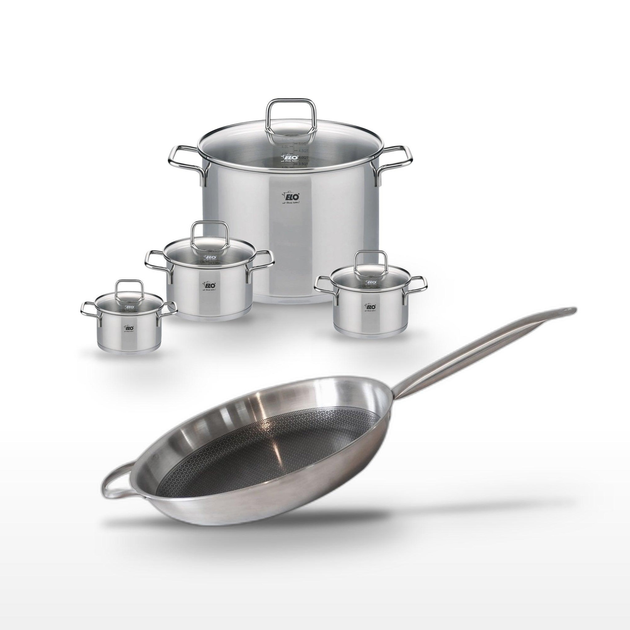ELO Batterie de cuisine ensemble 5 pièces : 2 faitouts 12/14 cm 1 faitout 16 cm 1 faitout 26 cm 1 poêle 32 cm en inox elo collection relief solution citrin