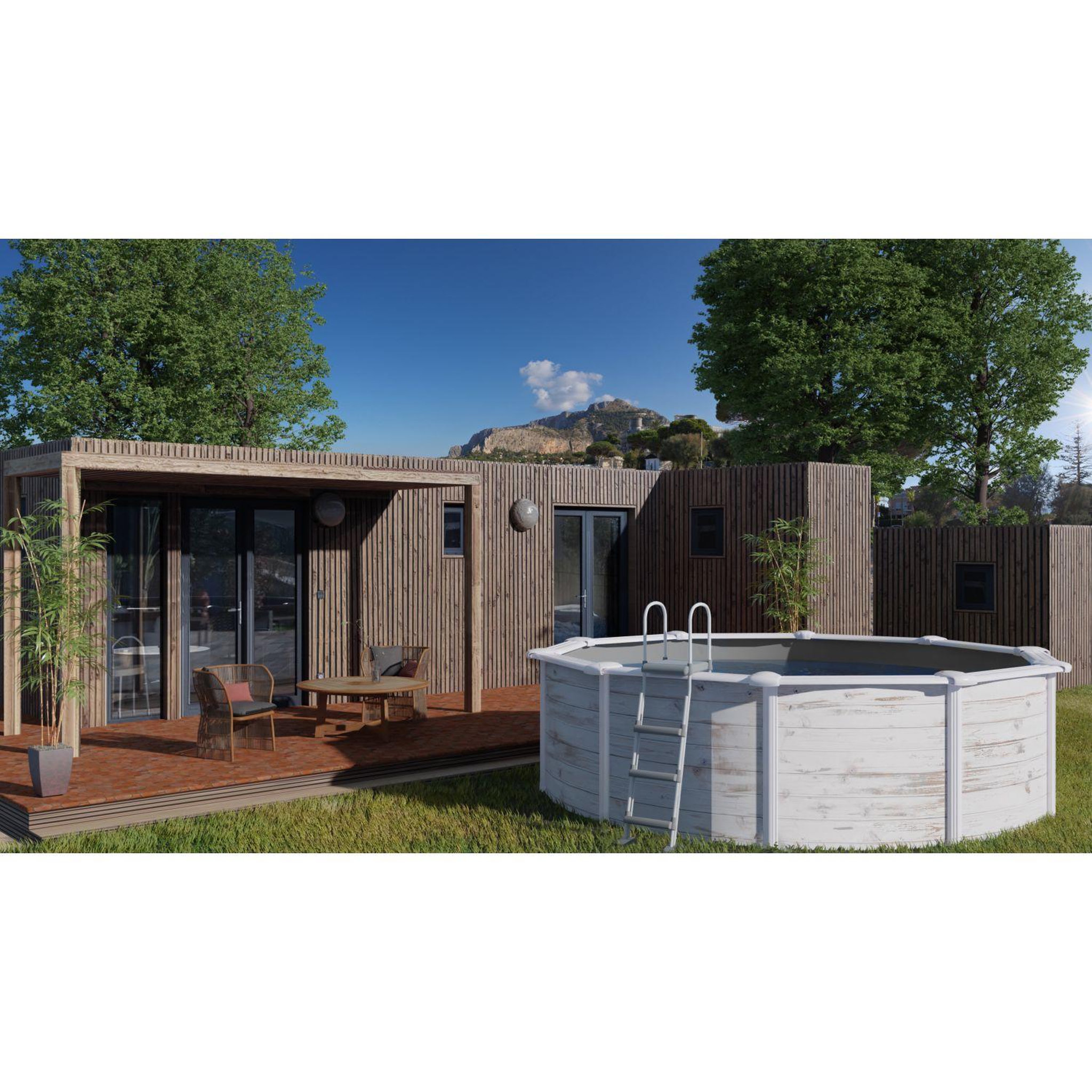 Piscine hors sol ronde acier Ø3,70m x H1,22m - Imitation bois Nordique Filtration à sable