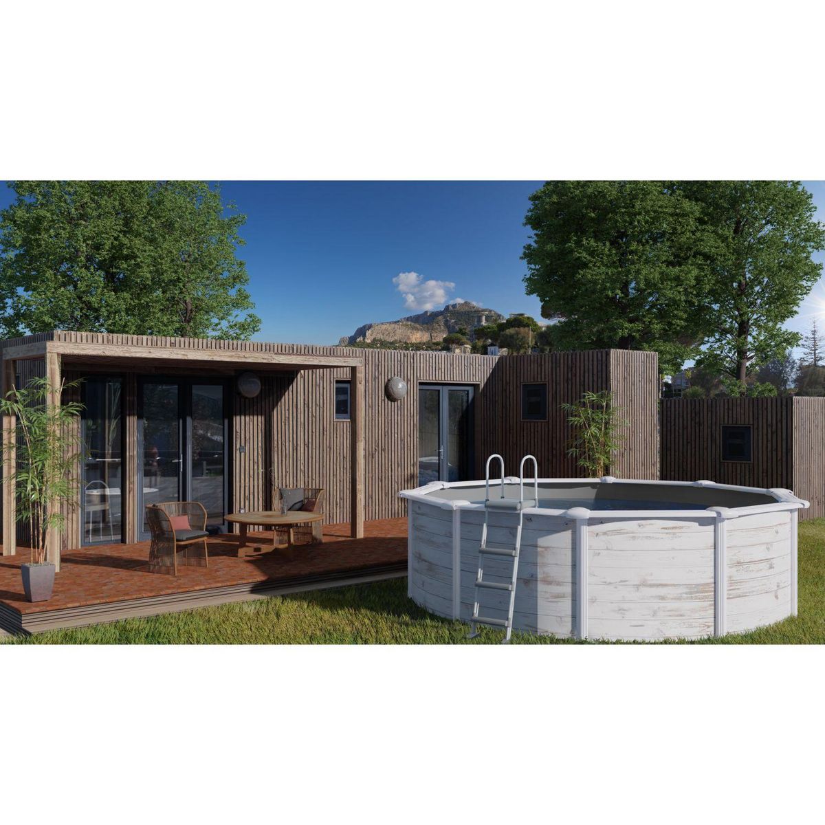 Piscine hors sol ronde acier Ø3,70m x H1,22m - Imitation bois Nordique Filtration à sable