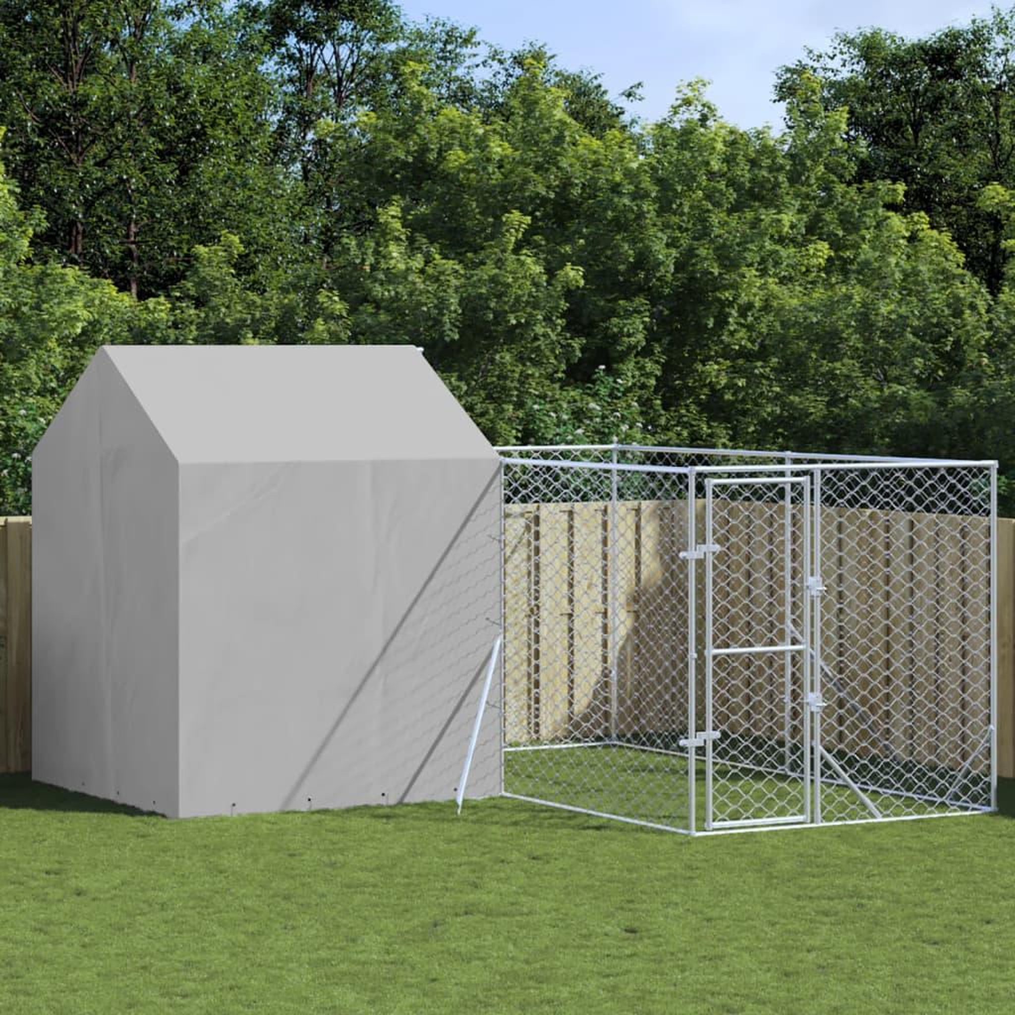 Voir la diapositive 1 : VIDAXL Chenil d'exterieur pour chiens avec toit argente 4x4x2,5 m