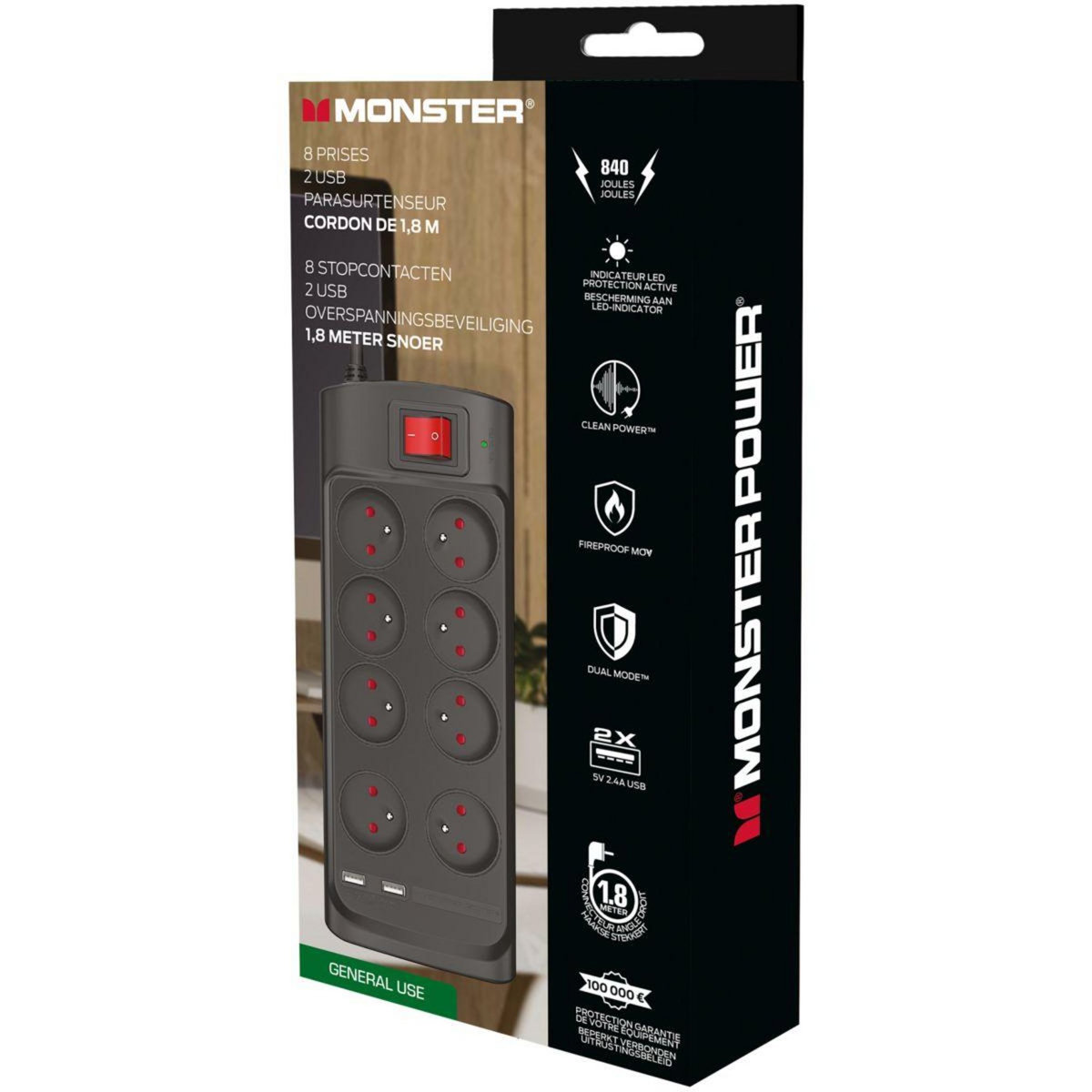 Monster Cable Rallonge parafoudre Parasurtenseur 8 prises + 2 USB-A