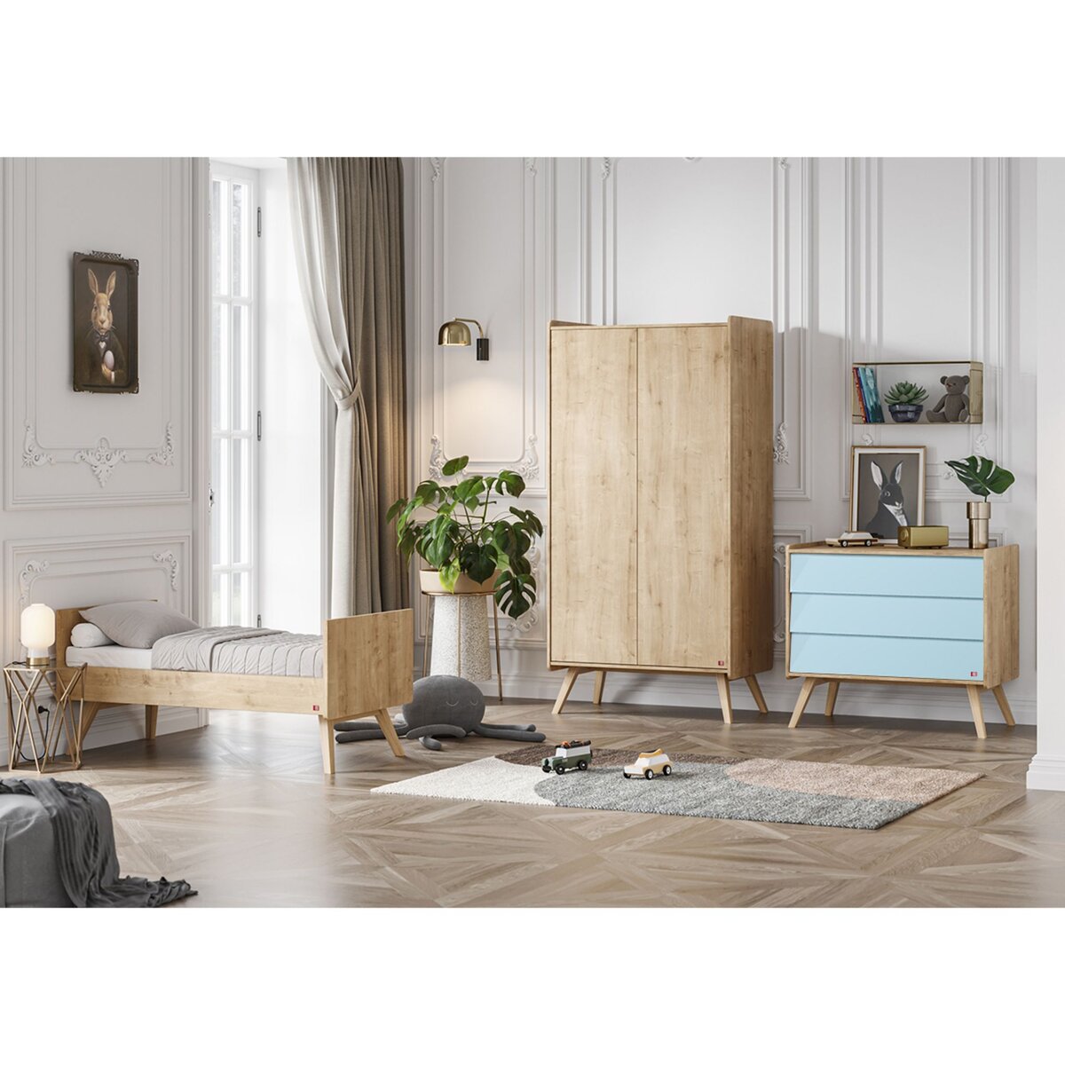 VOX Chambre complète lit évolutif 70x140 - commode à langer - armoire 2 portes Vintage - Bois Bleu
