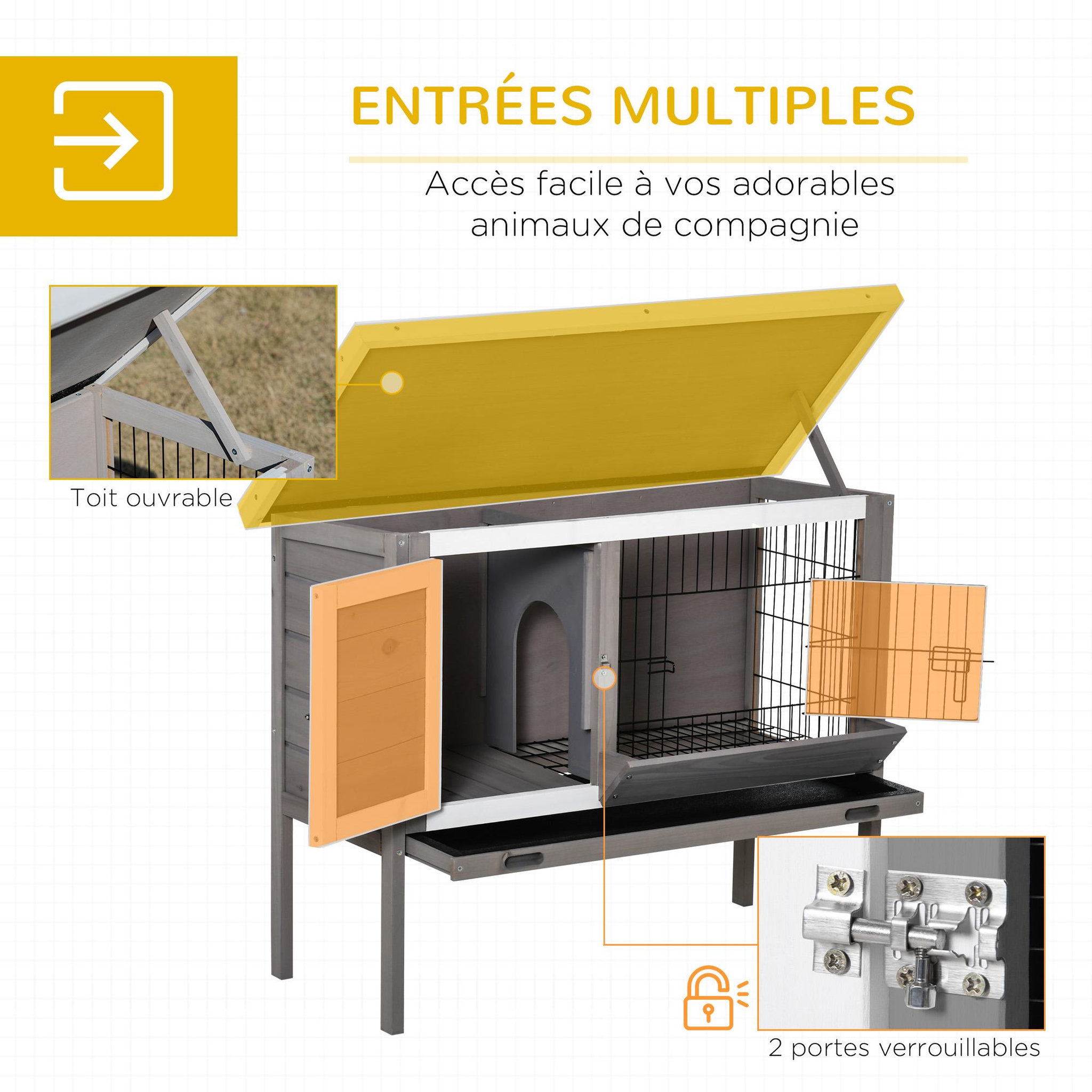 Voir la diapositive 2 : PAWHUT Clapier sur pied - 2 portes, toit bitumé ouvrant, plateau coulissant - acier bois gris blanc noir
