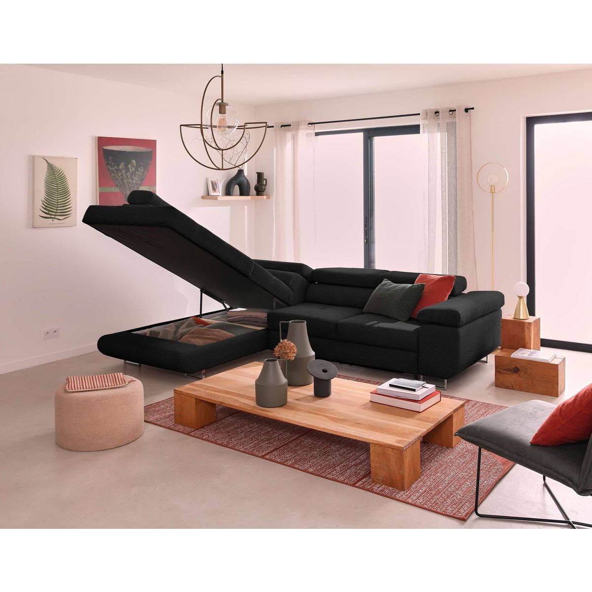 BEST MOBILIER Zaria - canapé d'angle gauche - convertible avec coffre et têtières réglables - 5 places - en velours côtelé