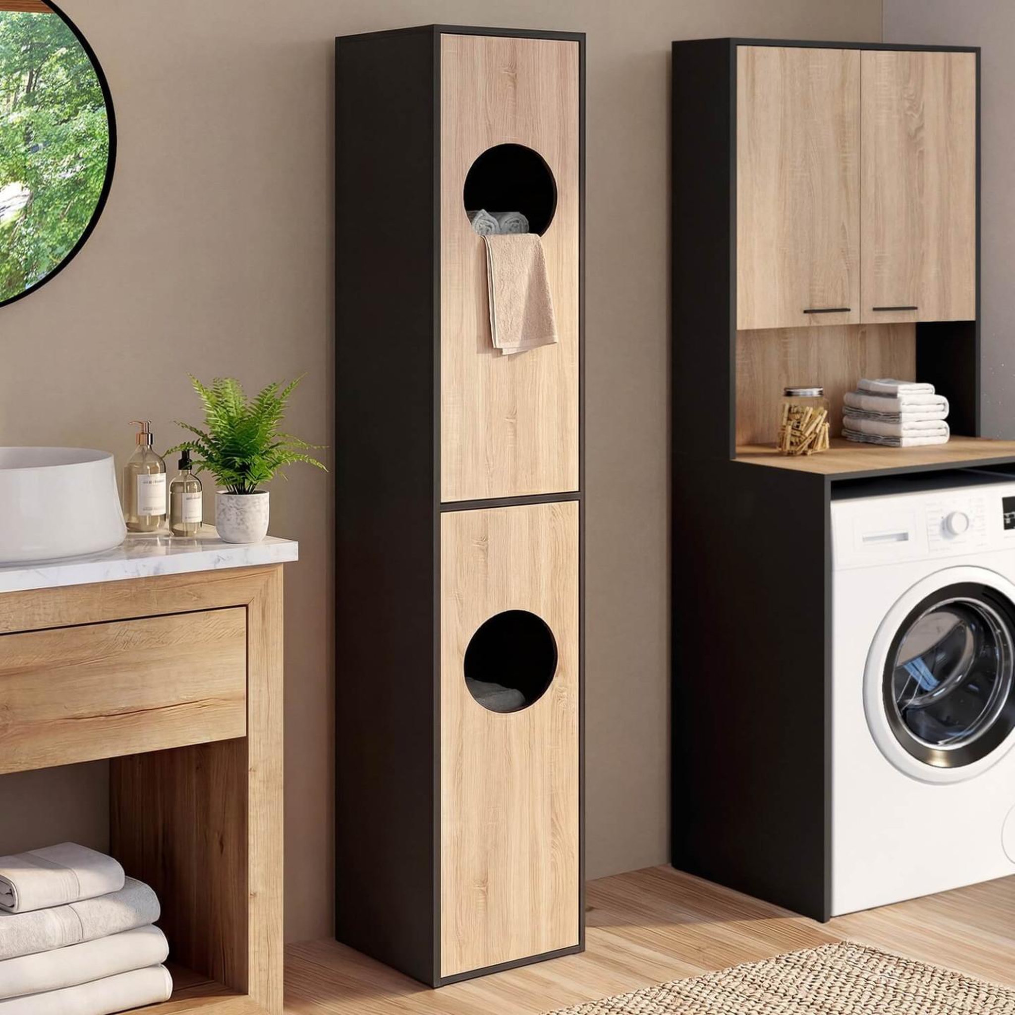 Voir la diapositive 2 : ID MARKET Armoire à linge buanderie, colonne de salle de bain wallis noir et bois façon hêtre